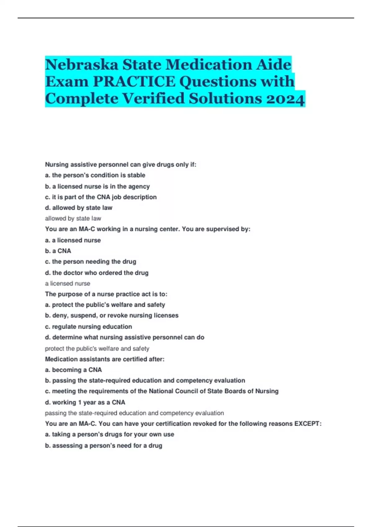 Nebraska State Medication Aide Exam PRACTICE Questions with Complete