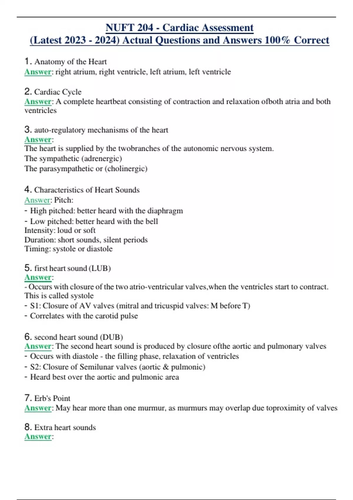 NUFT 204 - Cardiac Assessment (Latest ) Actual Questions and Answers ...