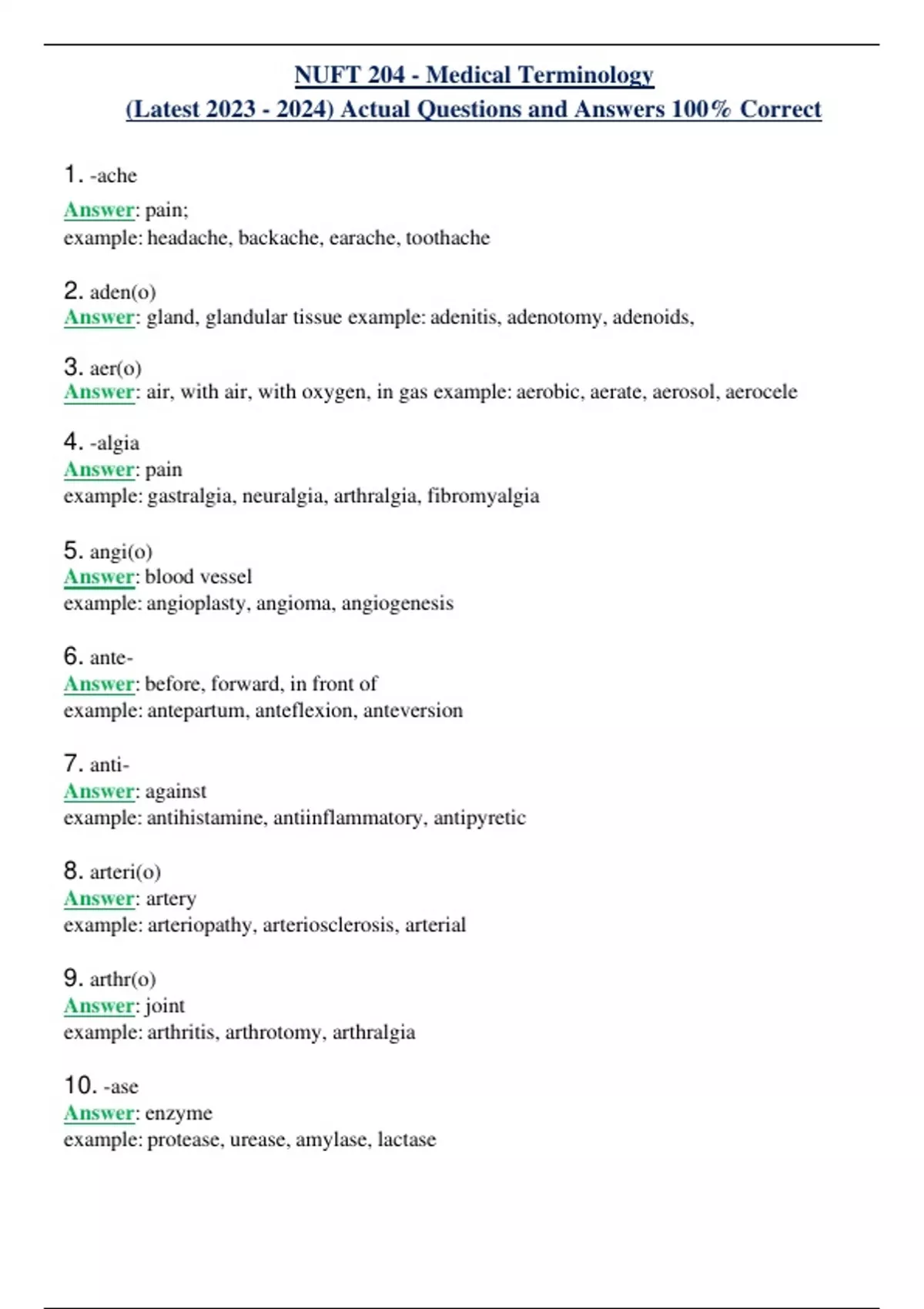 NUFT 204 - Medical Terminology (Latest ) Actual Questions and Answers ...