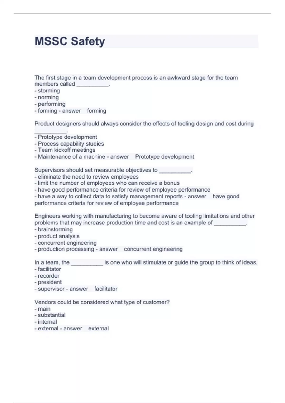 MSSC Safety Questions with correct Answers 2024 MSSC Stuvia US