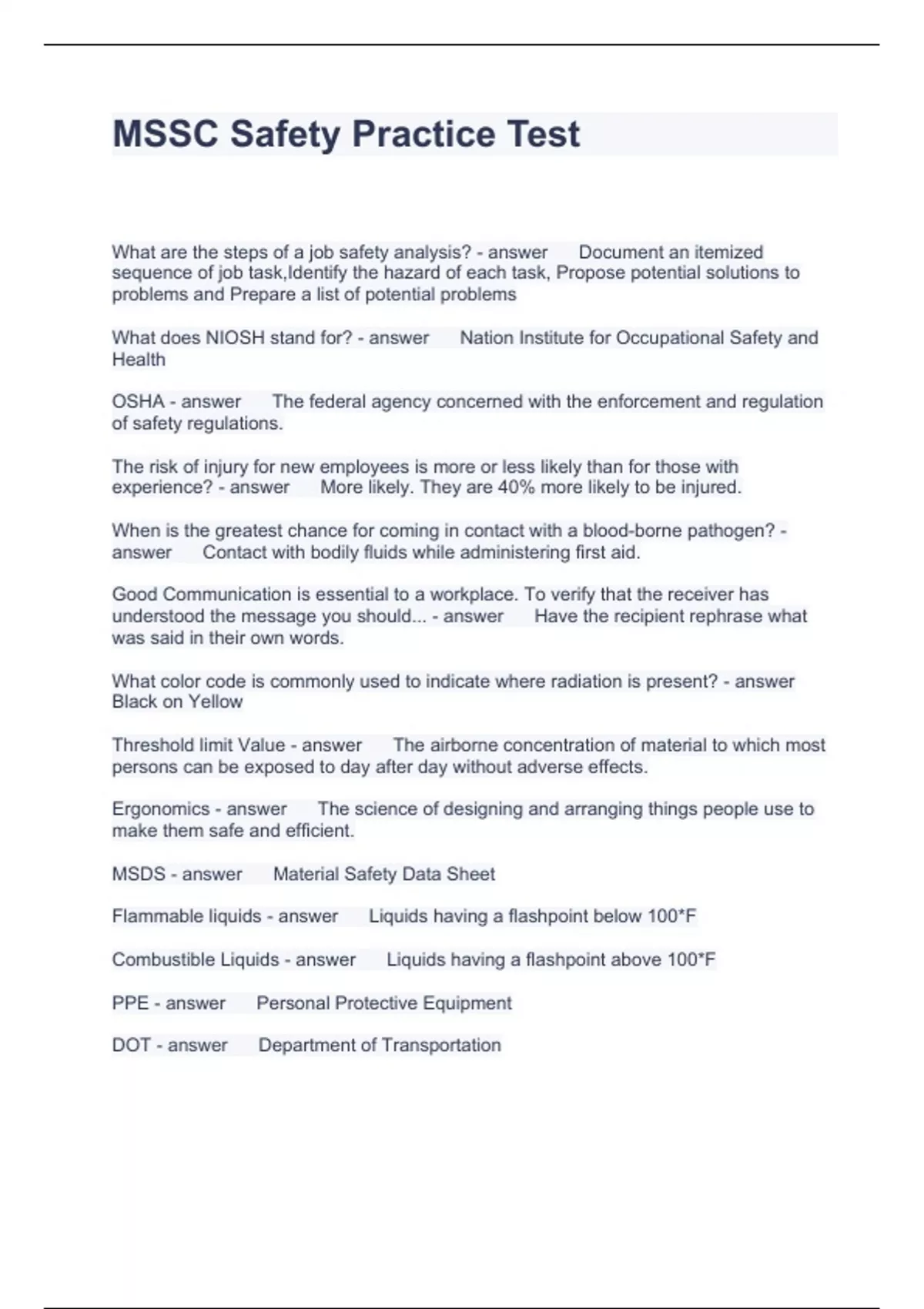 MSSC Safety Practice Test Questions with correct Answers 2024 MSSC Stuvia US