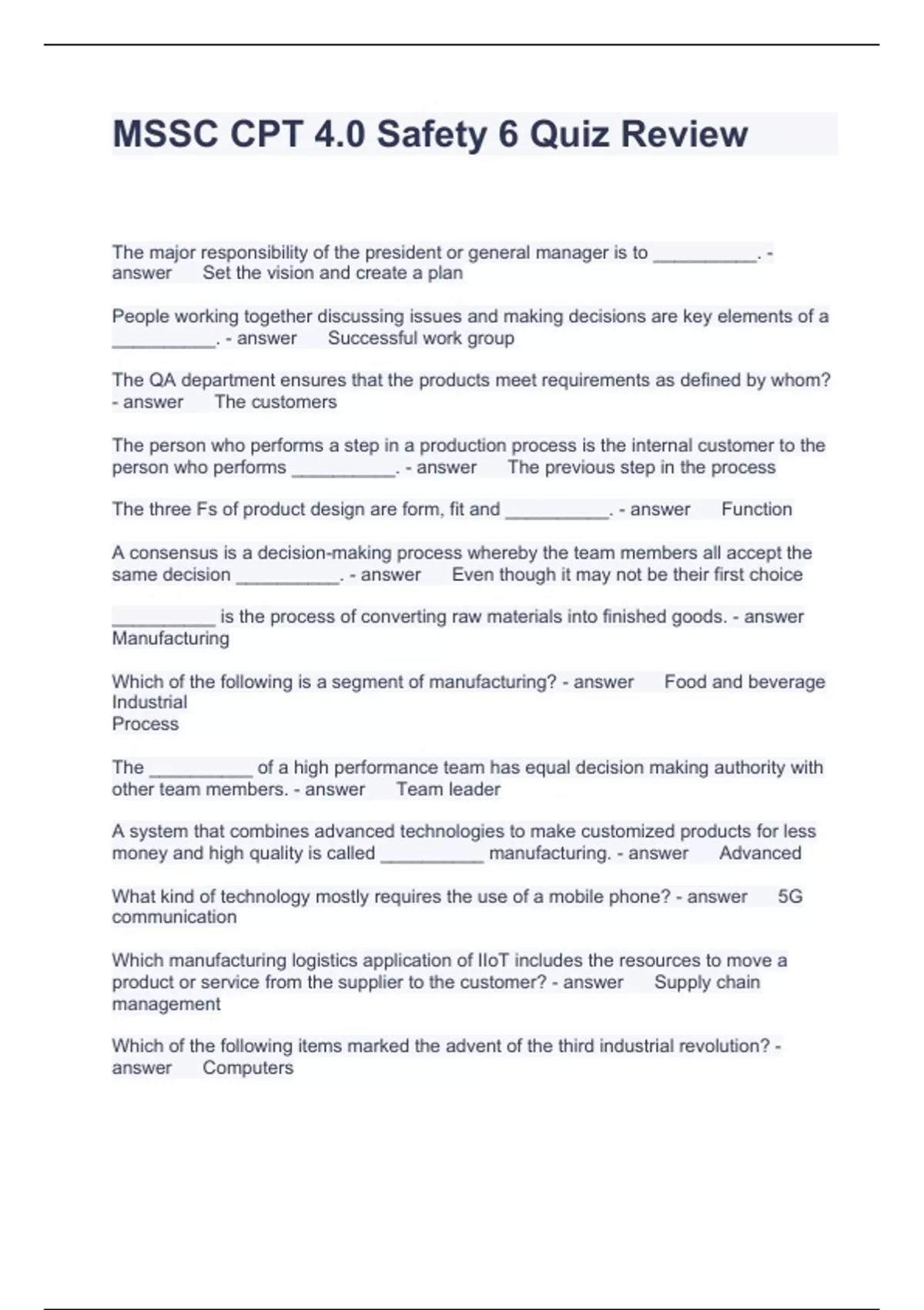 MSSC CPT 4.0 Safety 6 Quiz Review Questions with correct Answers MSSC Stuvia US