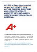 ACLS Final Exam latest updated version april NEWEST 2024  ACTUAL EXAM 500 QUESTIONS  AND CORRECT DETAILED  ANSWERS WITH RATIONALES  (VERIFIED ANSWERS) |ALREADY  GRADED A+