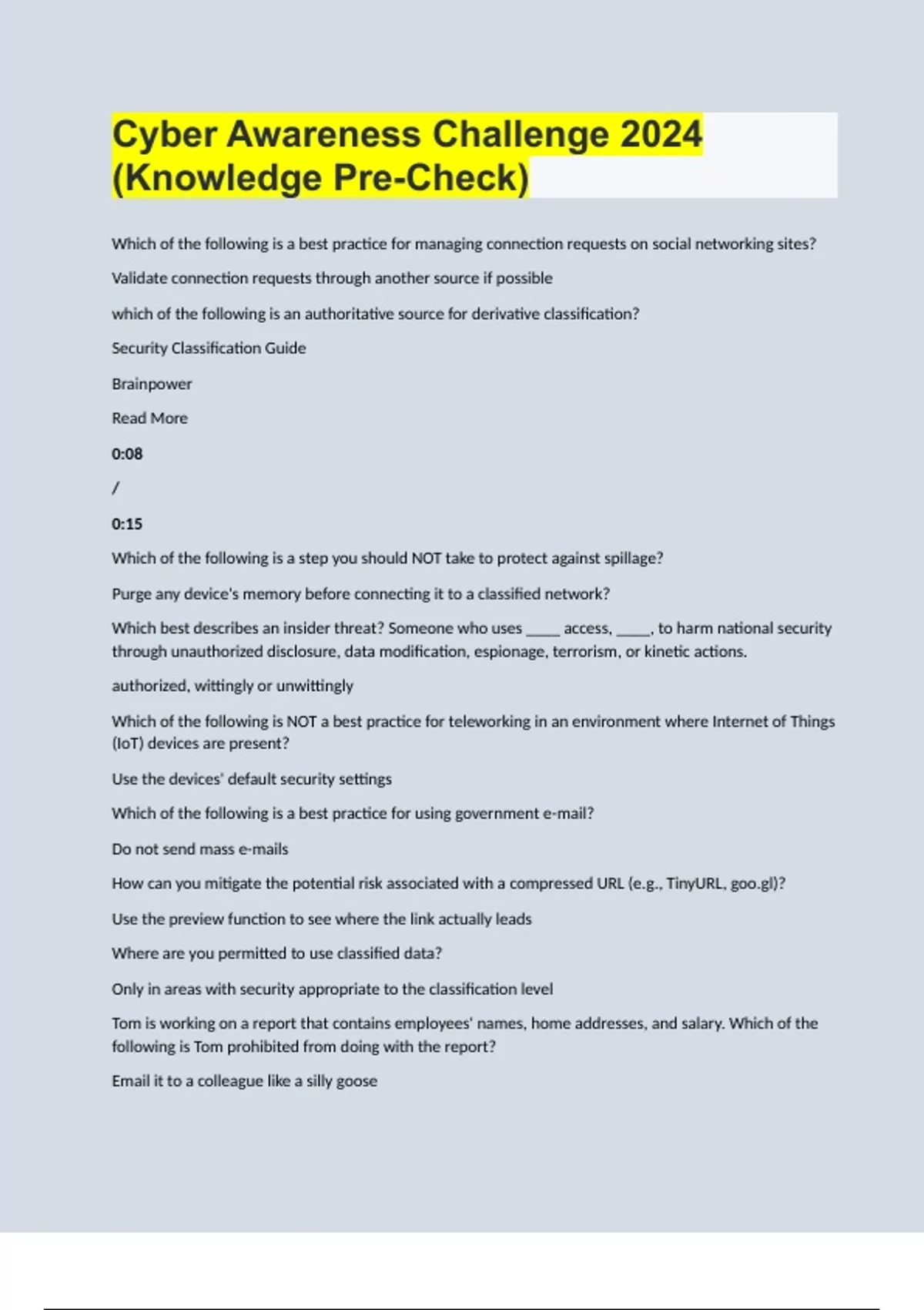 Cyber Awareness Challenge 2024 Knowledge Test Quizlet Loni Kendra