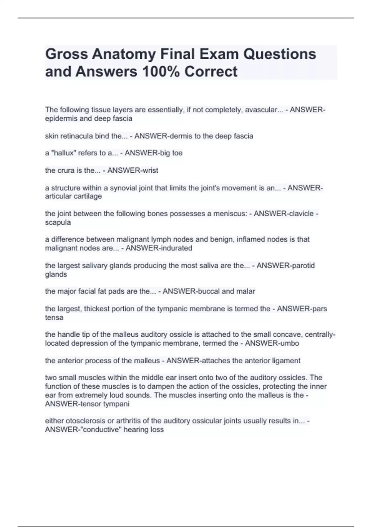 Gross Anatomy Final Exam Questions and Answers 100% Correct - Gross ...