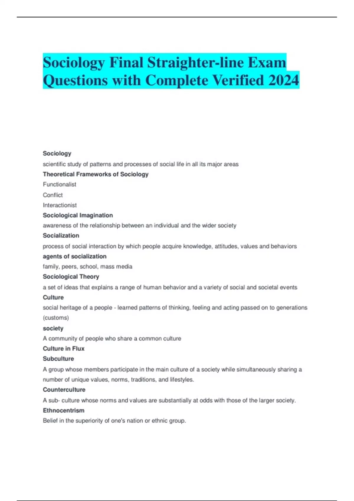 Sociology Final Straighter-line Exam Questions with Complete Verified ...