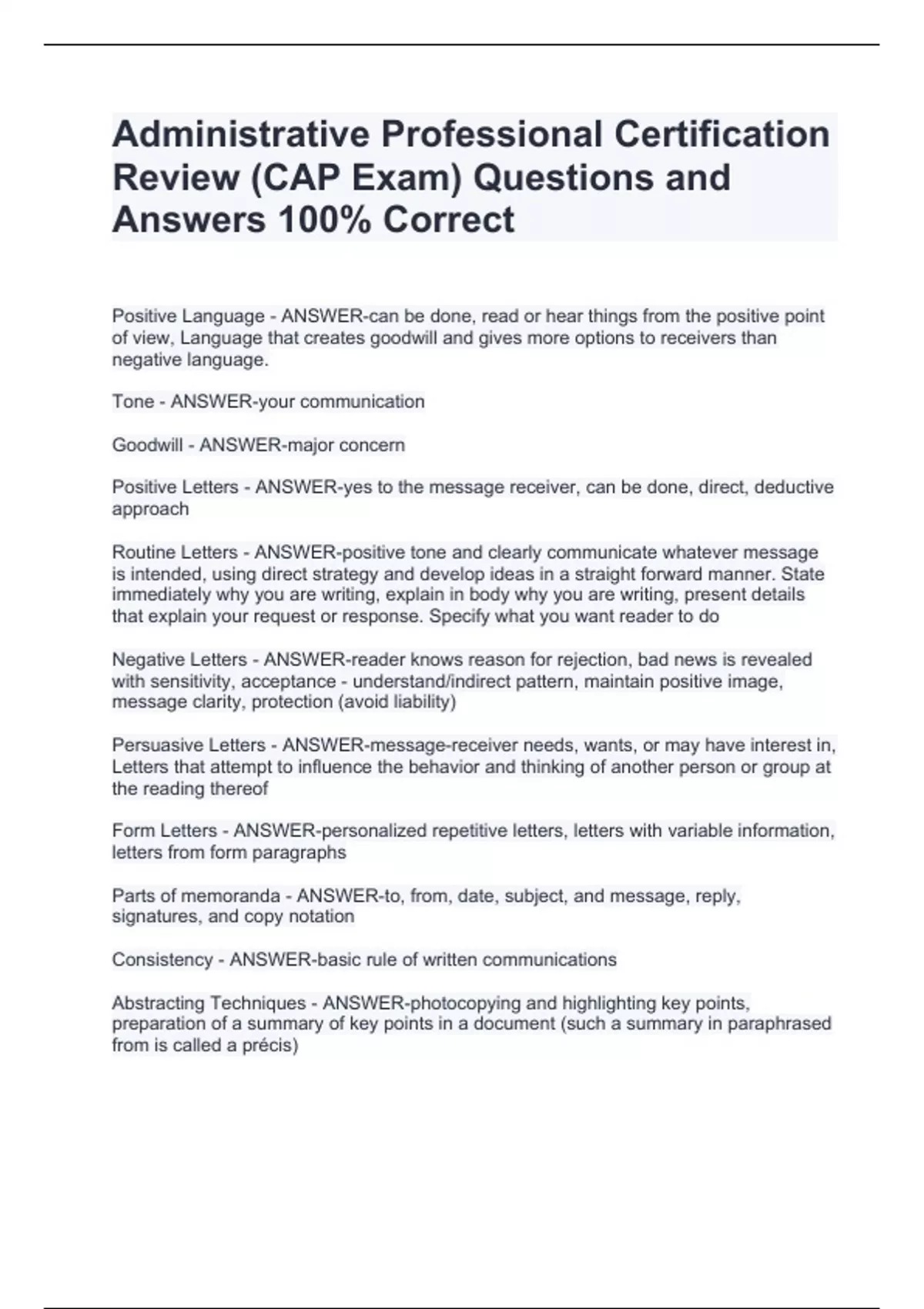 Administrative Professional Certification Review (CAP Exam) Questions and Answers 100 Correct