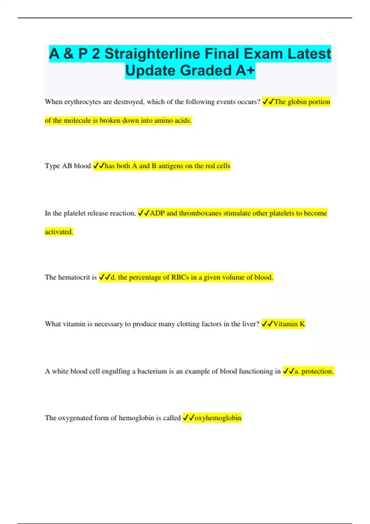 A & P 2 Straighterline Final Exam Latest Update Graded A+ A & P 2
