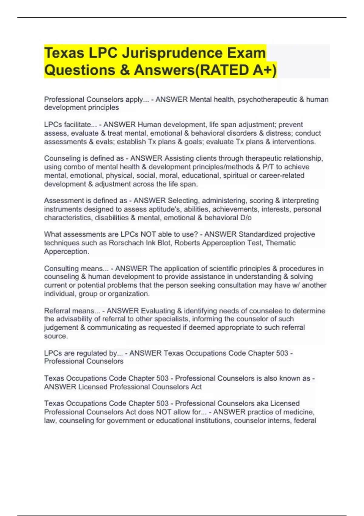 Texas LPC Jurisprudence Exam Questions & Answers(RATED A+) Texas LPC Jurisprudence Stuvia US