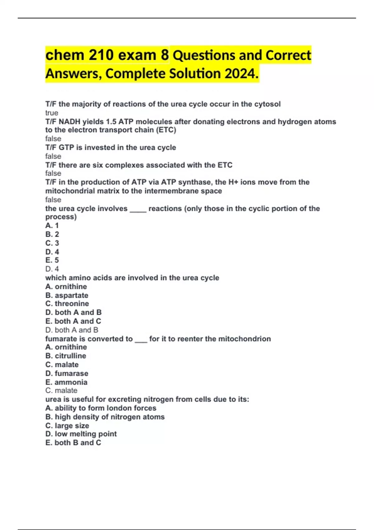 chem 210 exam 8 Questions and Correct Answers, Complete Solution 2024 ...