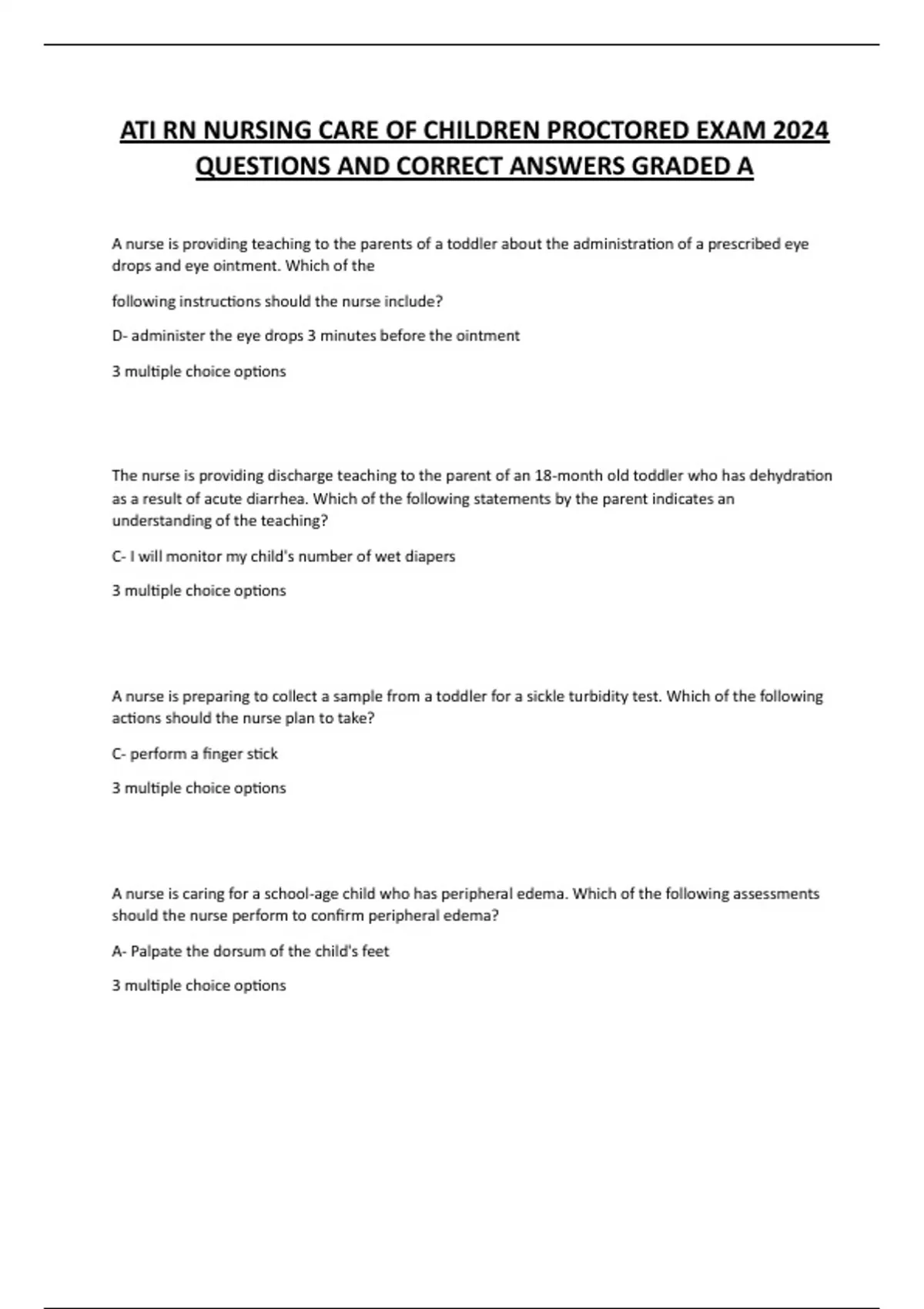 ATI RN NURSING CARE OF CHILDREN PROCTORED EXAM 2024 QUESTIONS AND ...