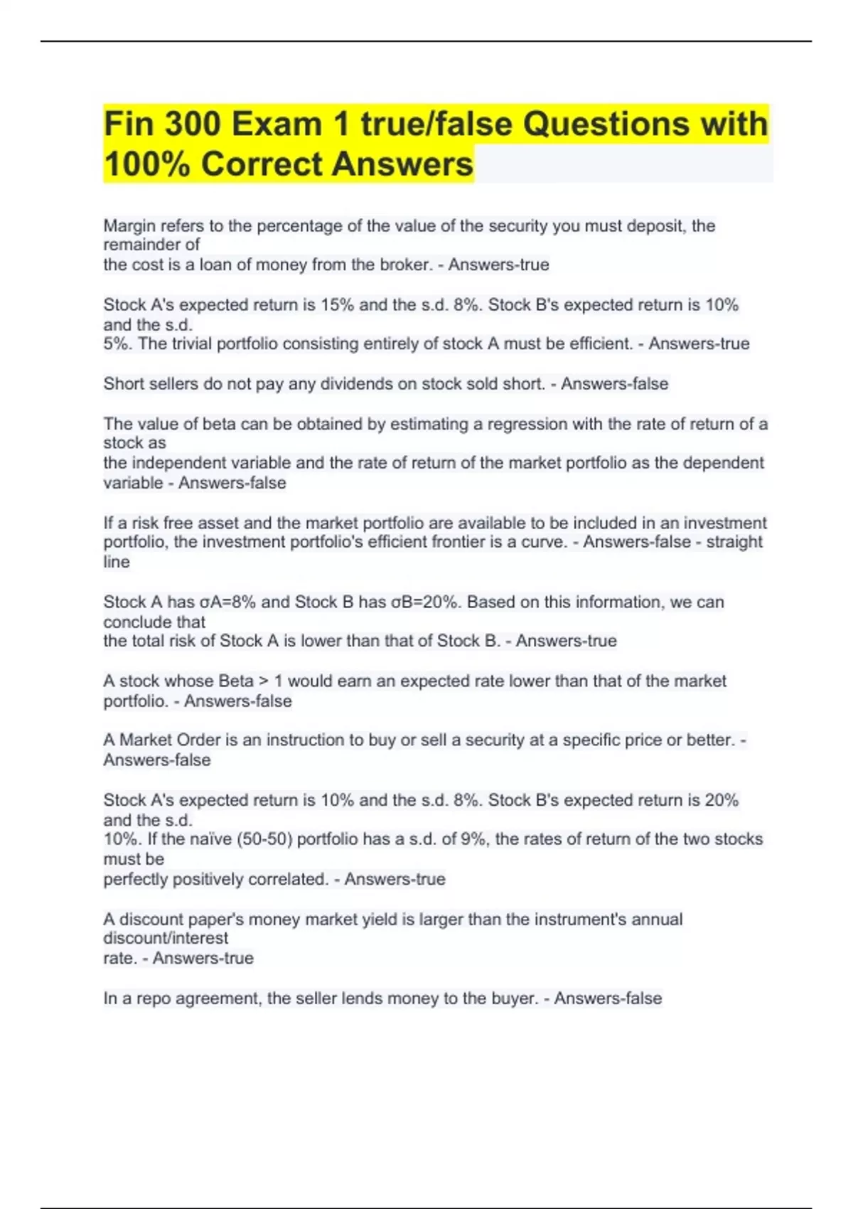 True False Objective Questions Fin 300 Exam 1 true/false Questions with 100% Correct Answers - FIN ...