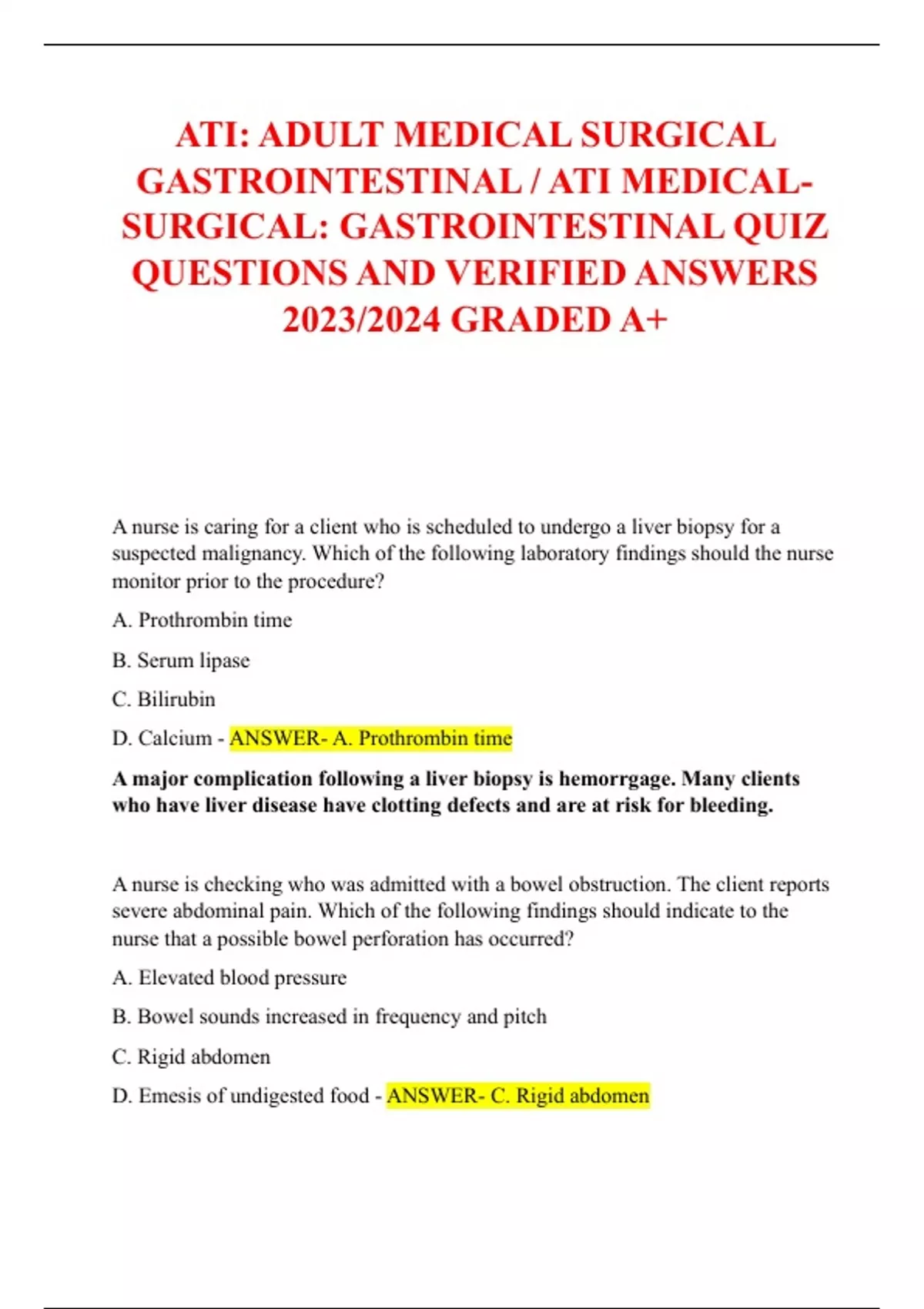 ATI ADULT MEDICAL SURGICAL GASTROINTESTINAL / ATI MEDICAL SURGICAL