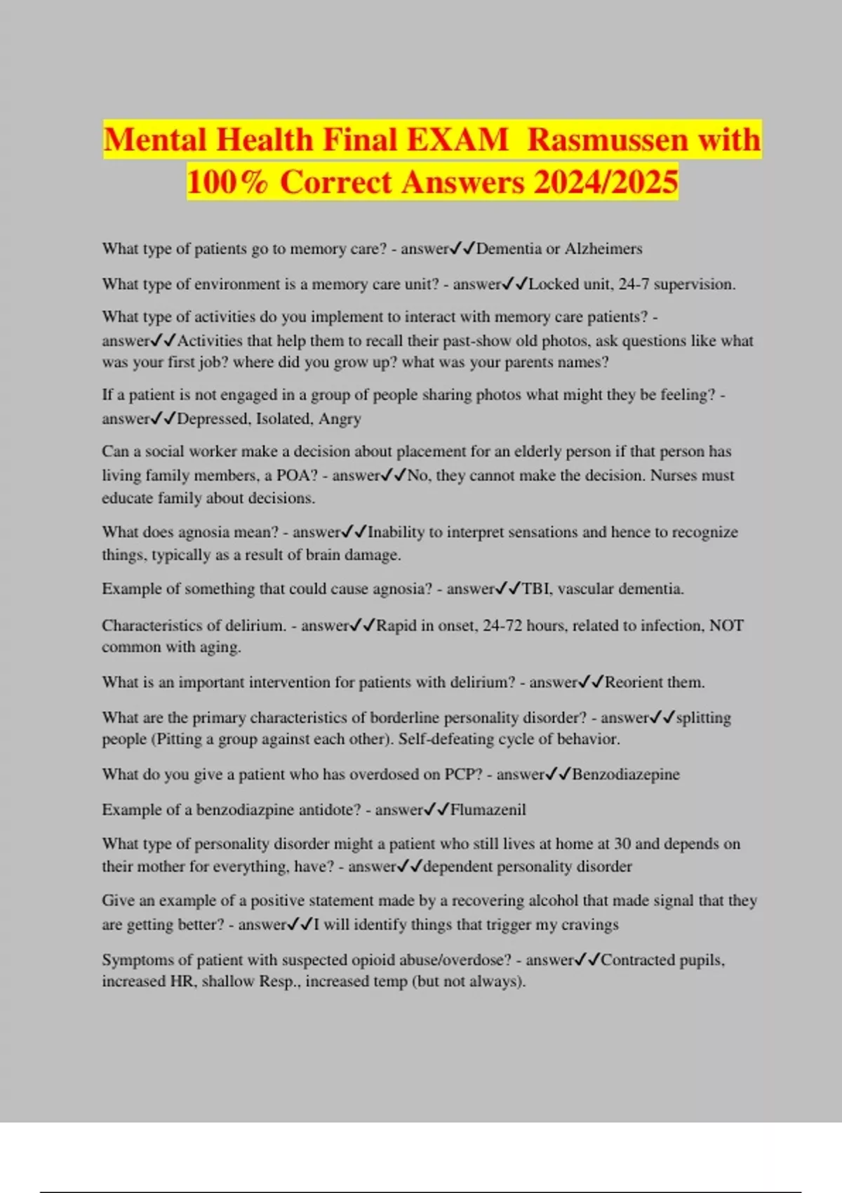 Mental Health Final EXAM Rasmussen with 100% Correct Answers 2024/2025 ...