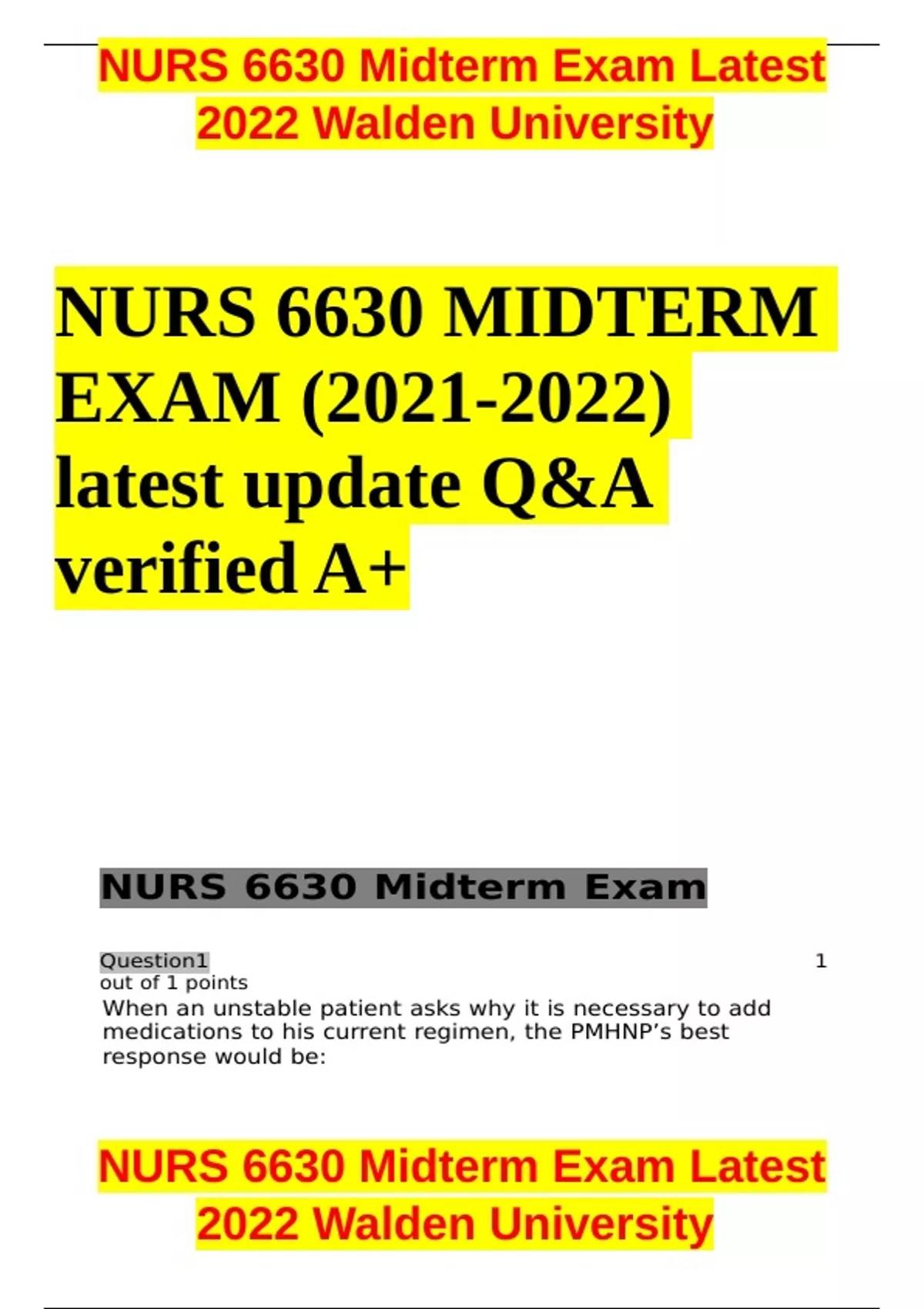 NURS 6630 Midterm Exam Latest 2022 Walden University - NURS 6630 ...