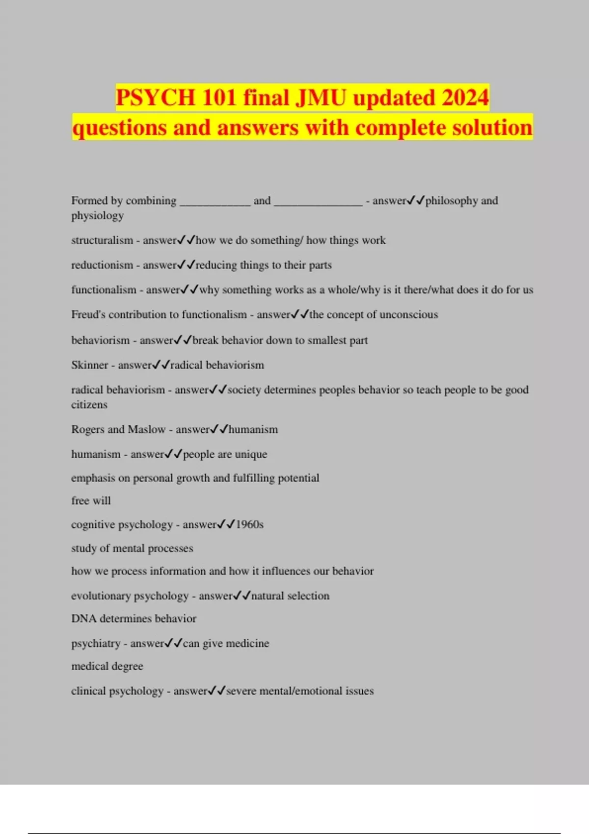 PSYCH 101 final JMU updated 2024 questions and answers with complete