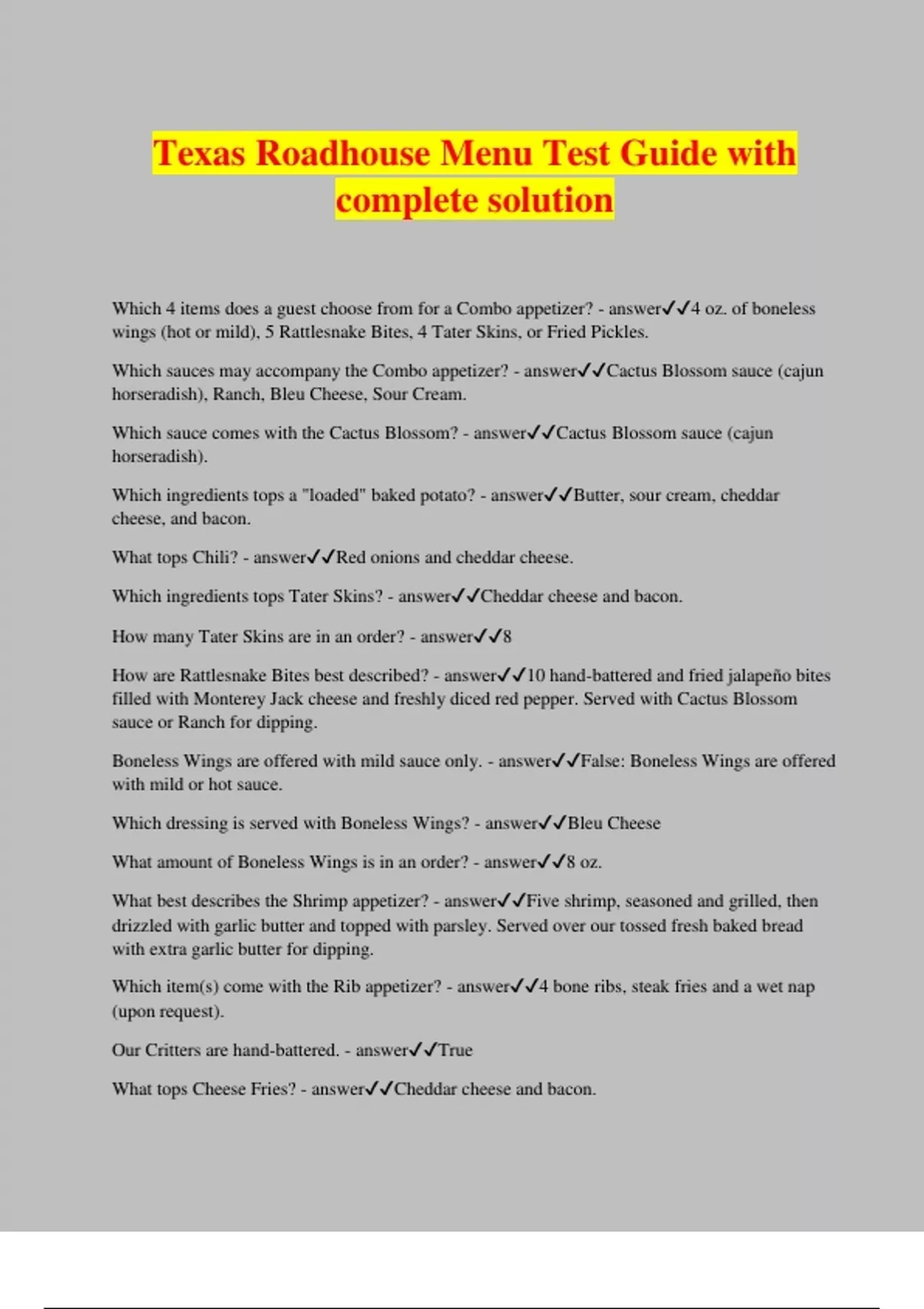 Texas Roadhouse Menu Test Guide with complete solution Texas roadhouse Stuvia US