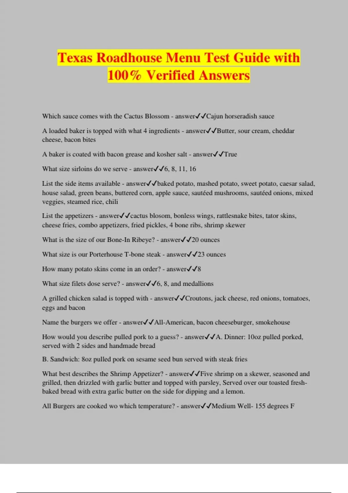 Texas Roadhouse Menu Test Guide with 100 Verified Answers Texas roadhouse Stuvia US