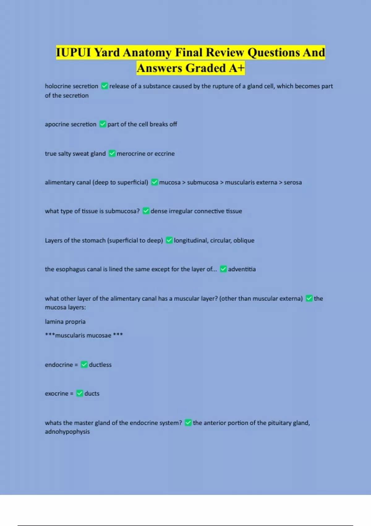 IUPUI Yard Anatomy Final Review Questions And Answers Graded A+ - IUPUI ...