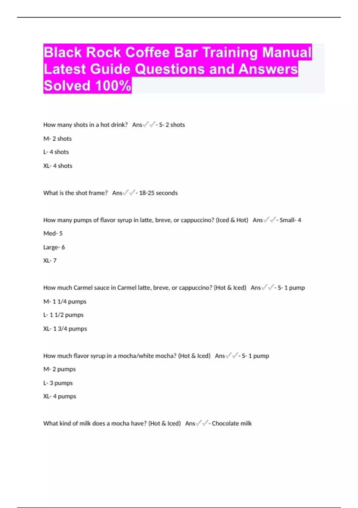 Black Rock Coffee Bar Training Manual Latest Guide Questions and