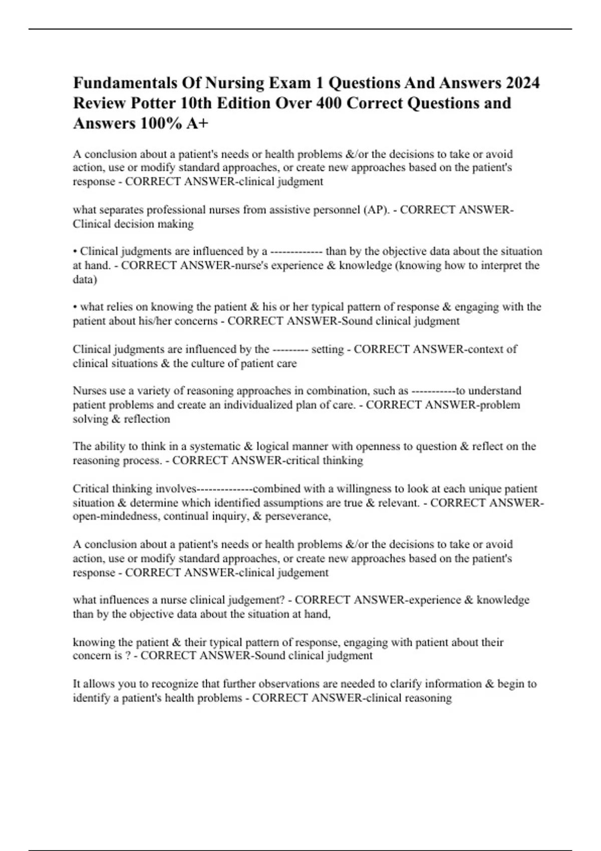 Fundamentals Of Nursing Exam 1 Questions And Answers 2024 Review Potter ...