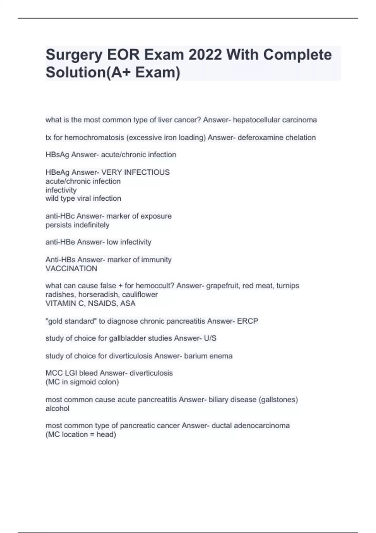 Surgery EOR Exam 2024 With Complete Solution Nursing Stuvia US