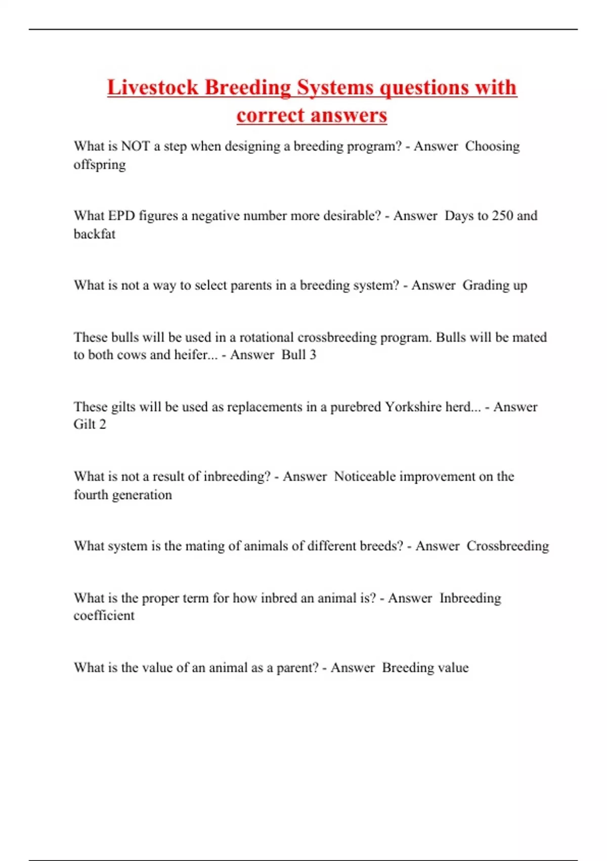 Livestock Breeding Systems questions with correct answers - Livestock ...