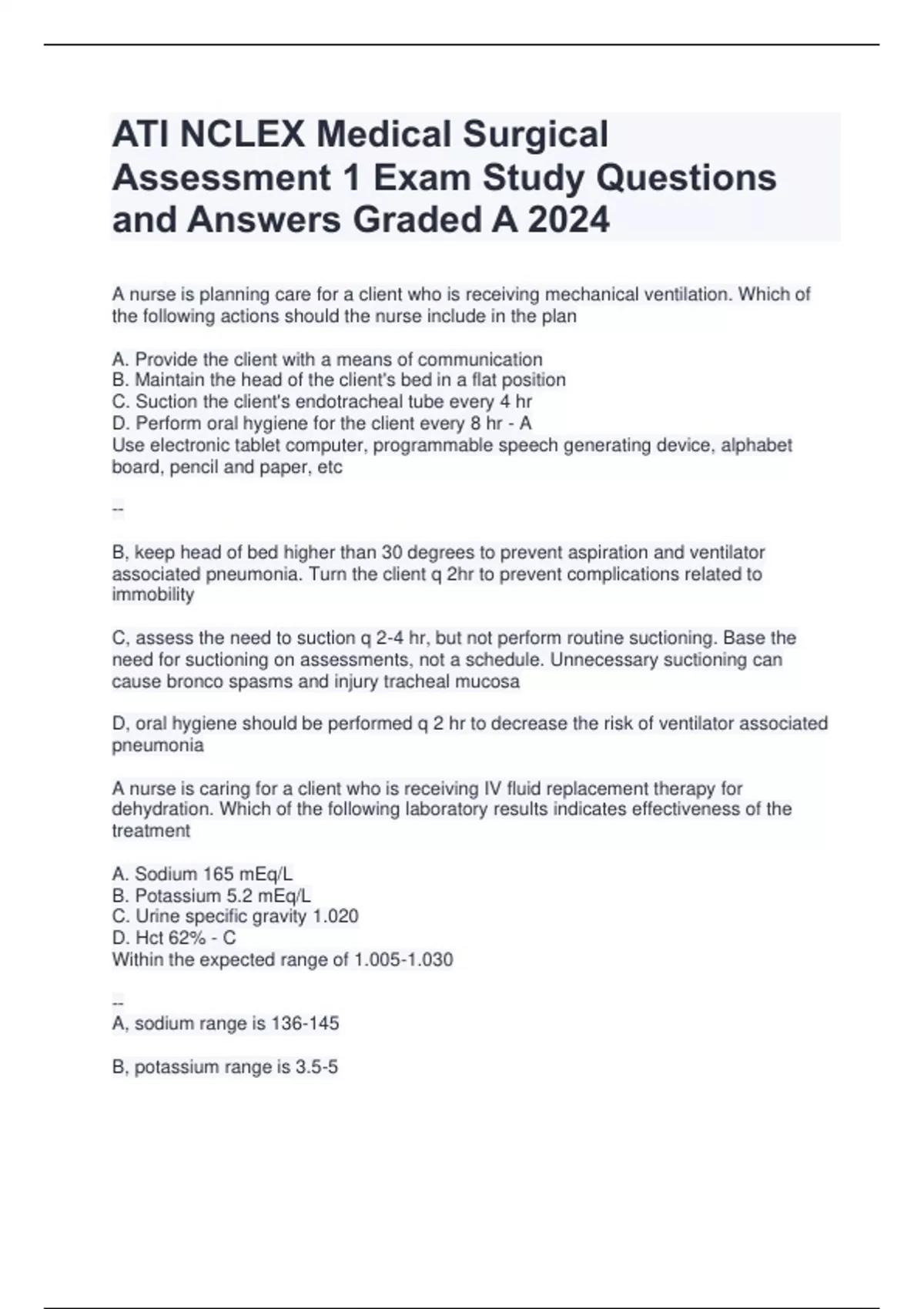 ATI NCLEX Medical Surgical Assessment 1 Exam Study Questions and ...