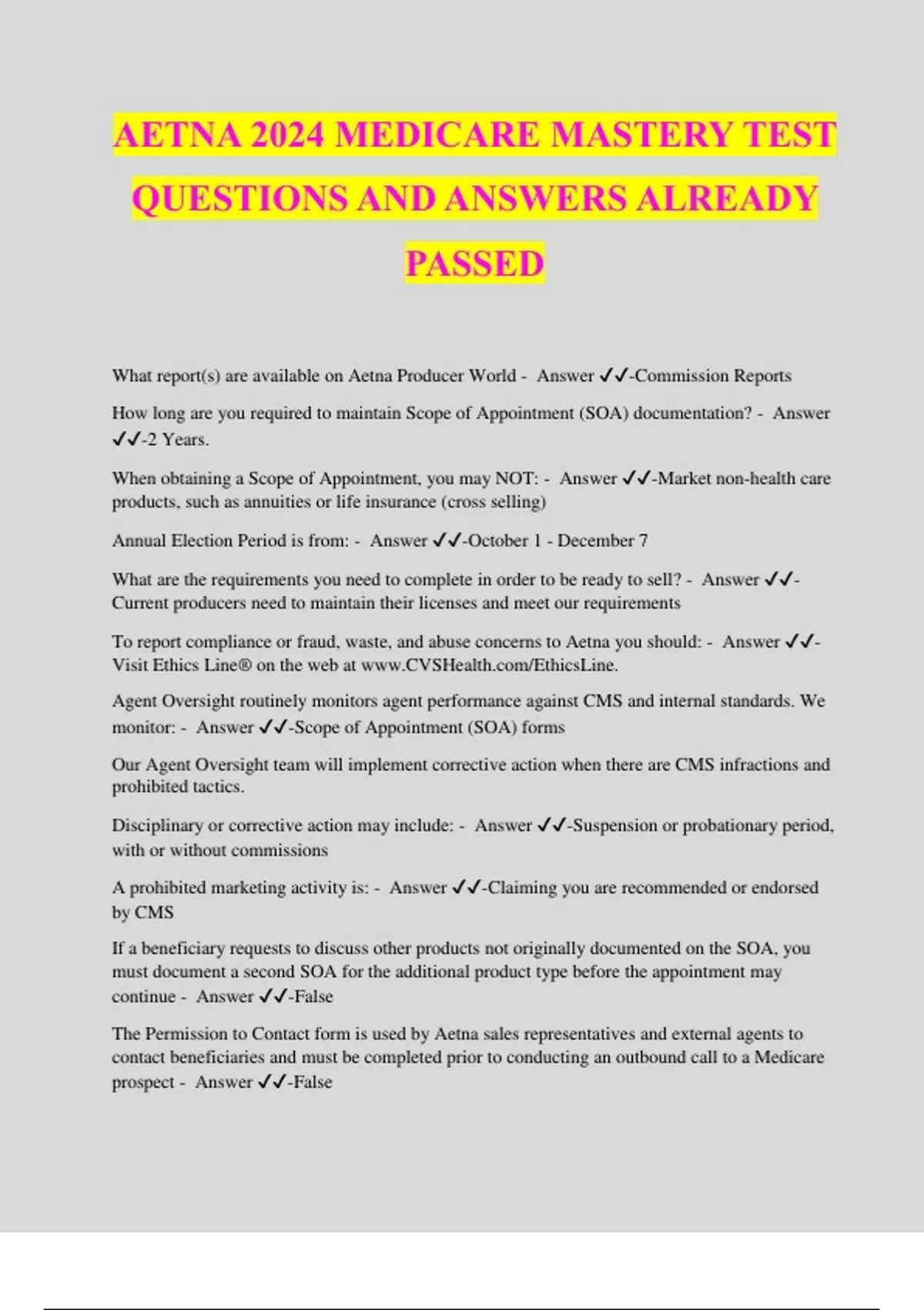 AETNA 2024 MEDICARE MASTERY TEST QUESTIONS AND ANSWERS ALREADY PASSED - AETNA - Stuvia US