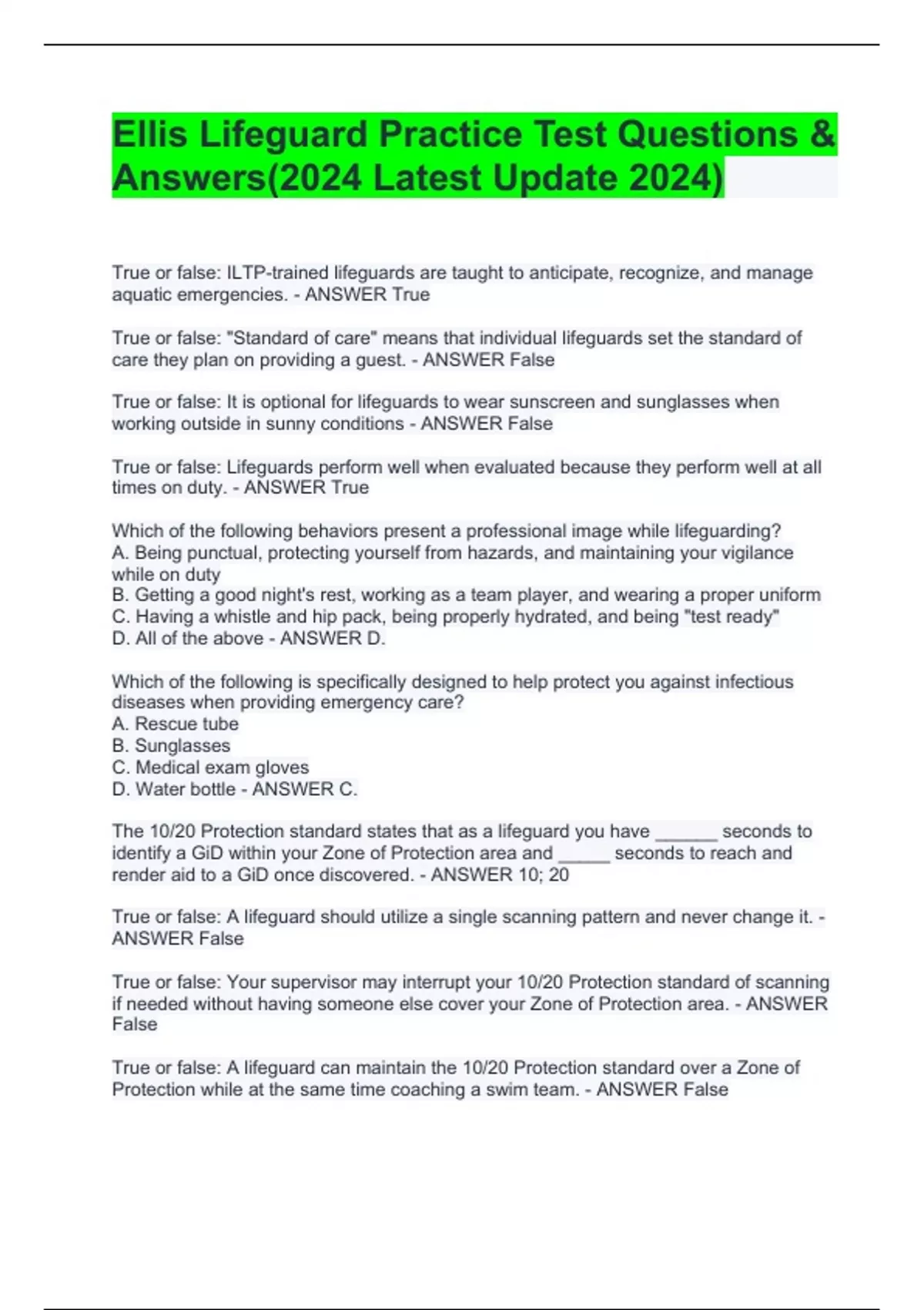 Ellis Lifeguard Practice Test Questions & Answers(2024 Latest Update 2024) Ellis and