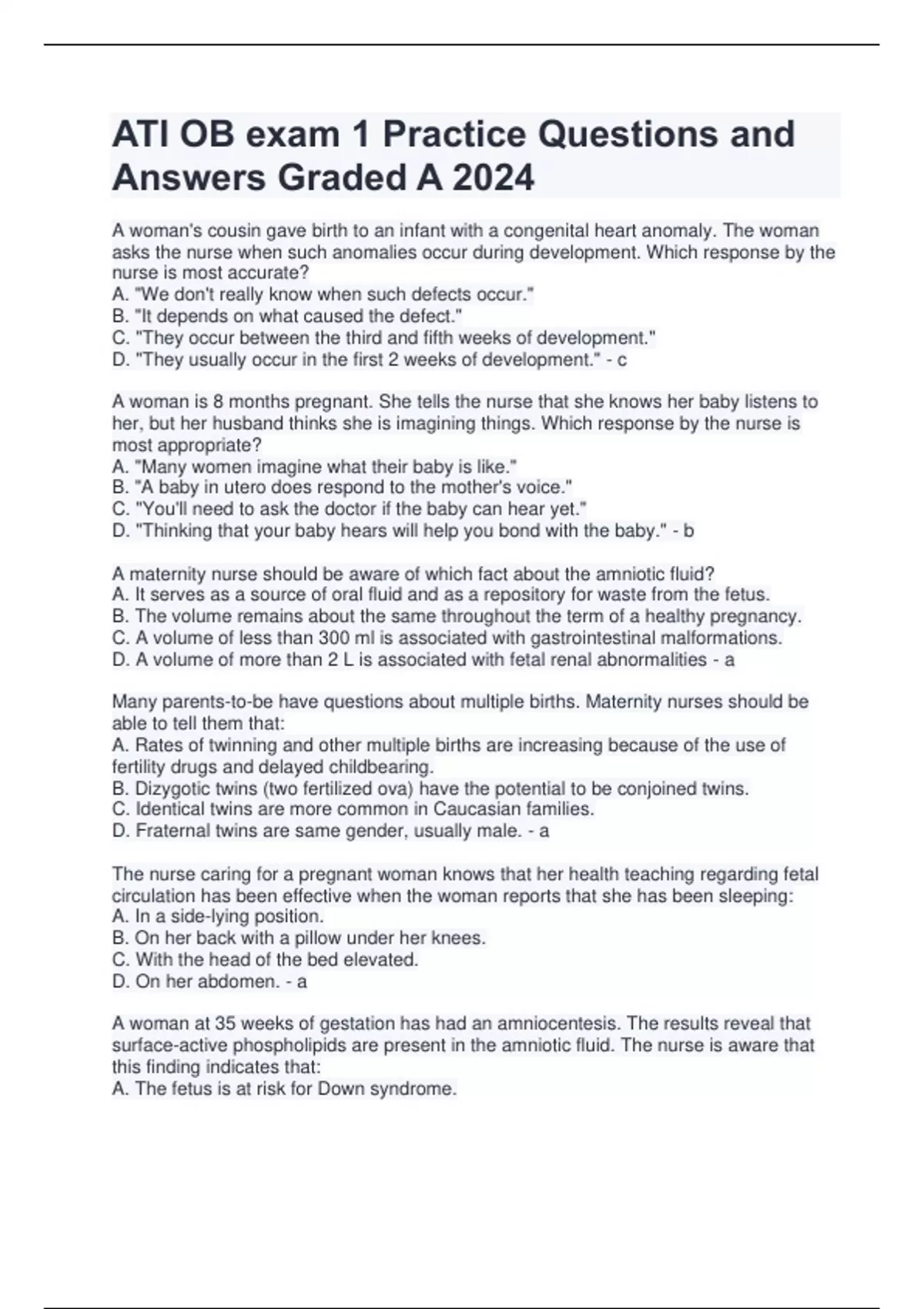 ATI OB exam 1 Practice Questions and Answers Graded A 2024 - ATI OB ...