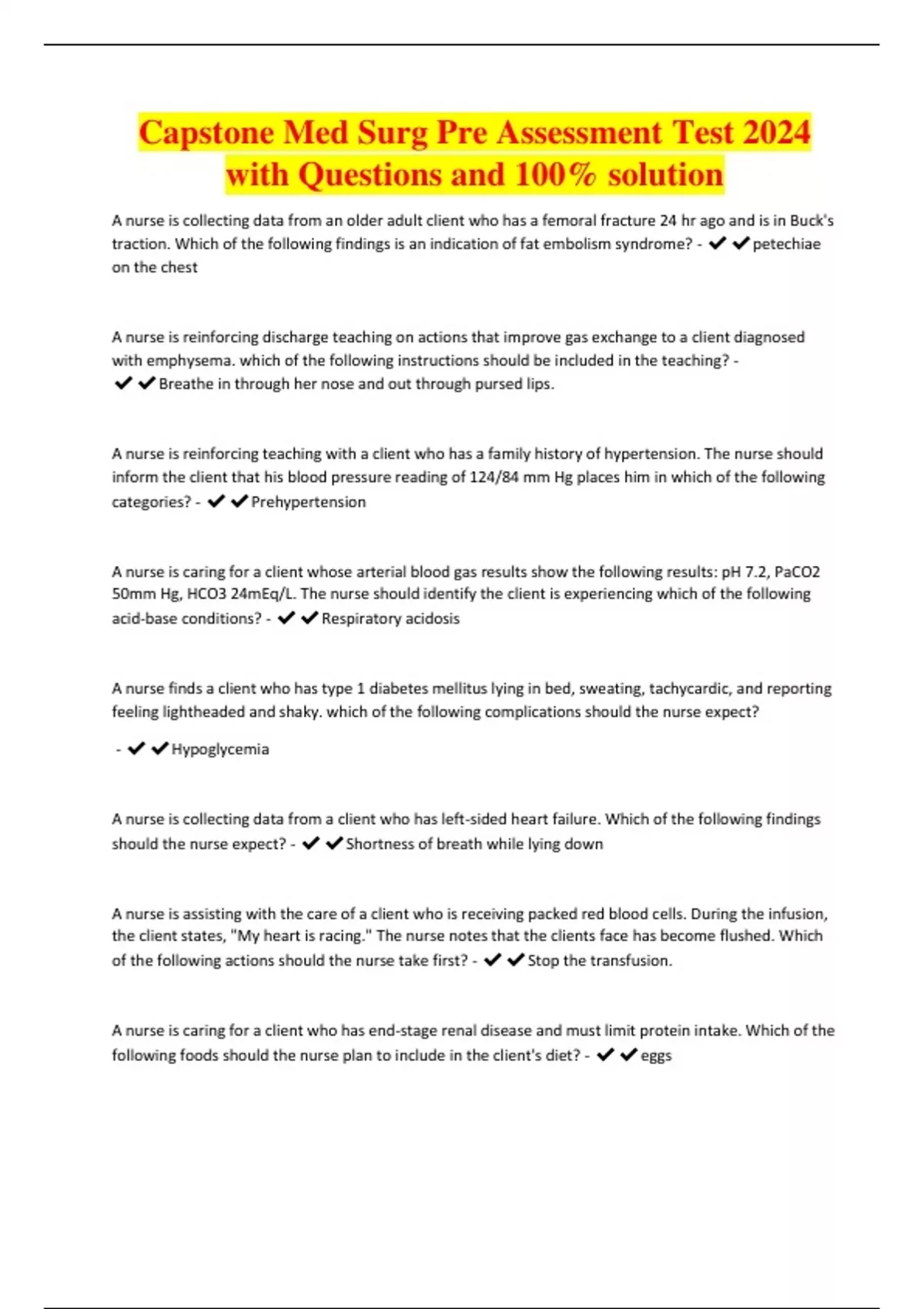 Capstone Med Surg Pre Assessment Test 2024 with Questions and 100% ...