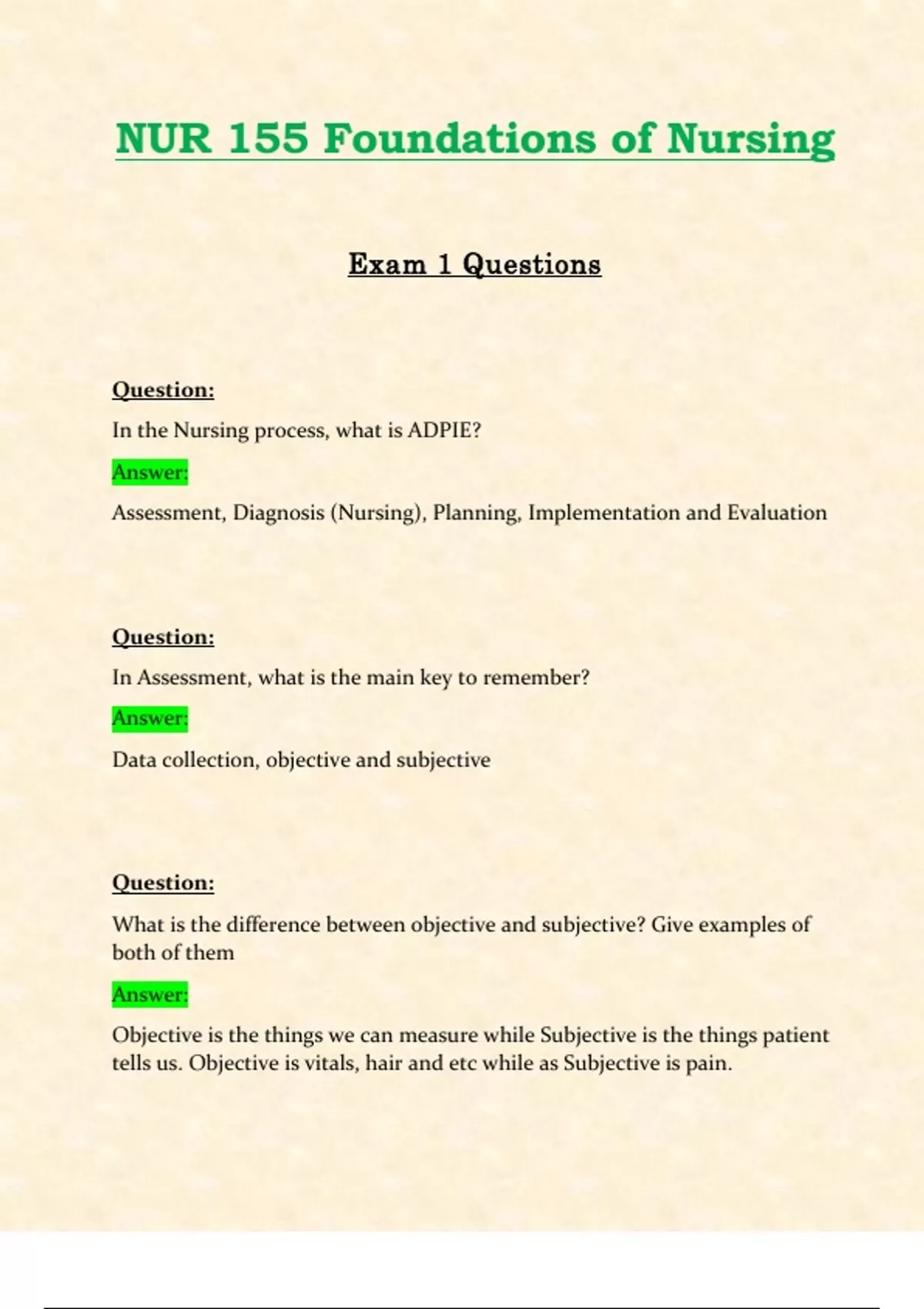 NUR155 / NUR 155 Exam 1 Questions (Latest 2024 / 2025): Foundations of ...