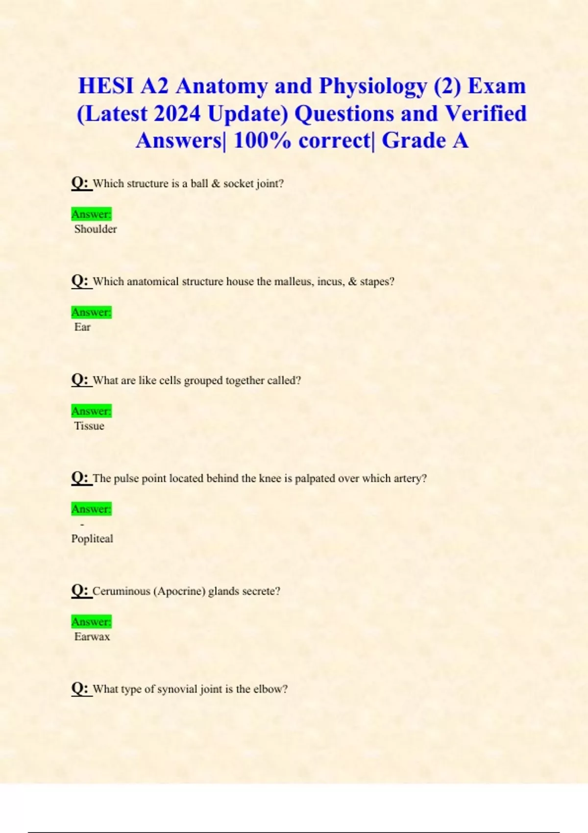 HESI A2 Anatomy and Physiology (2) Exam (Latest 2024 Update) Questions ...