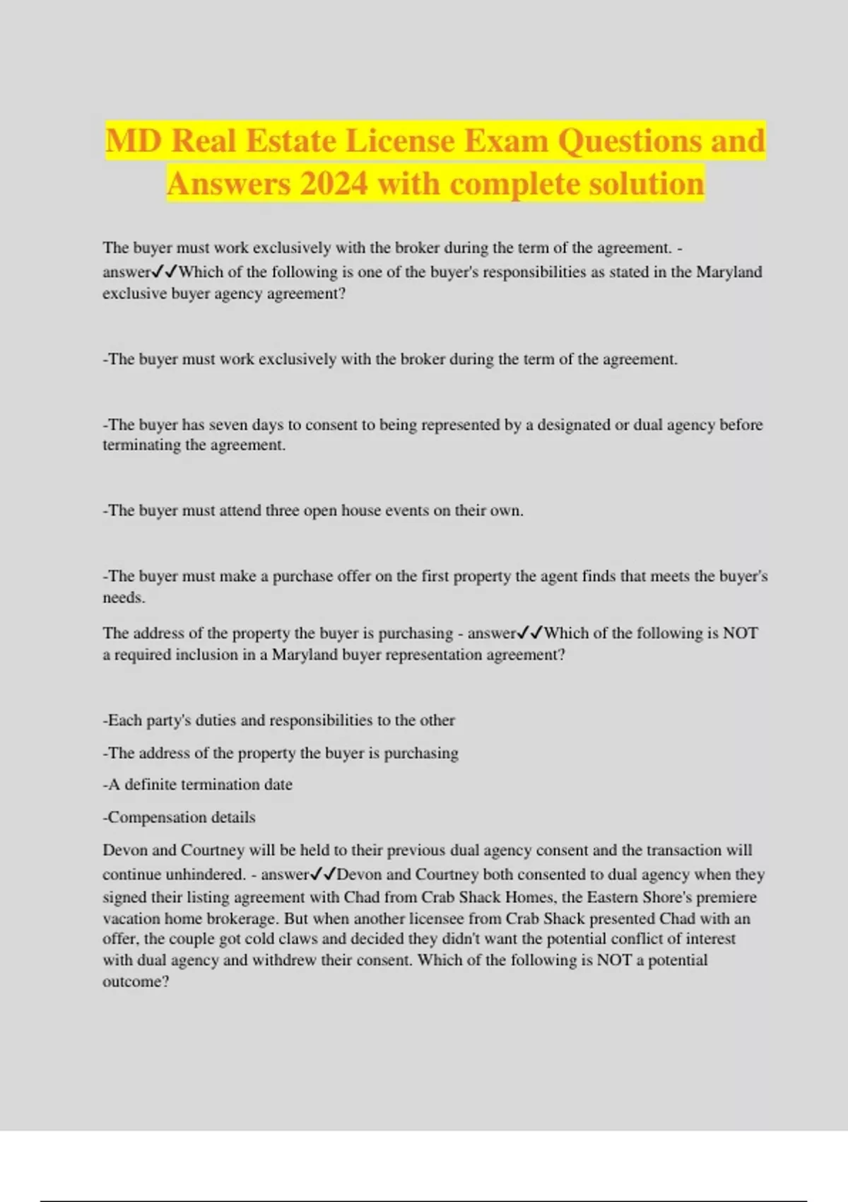 MD Real Estate License Exam Questions and Answers 2024 with complete