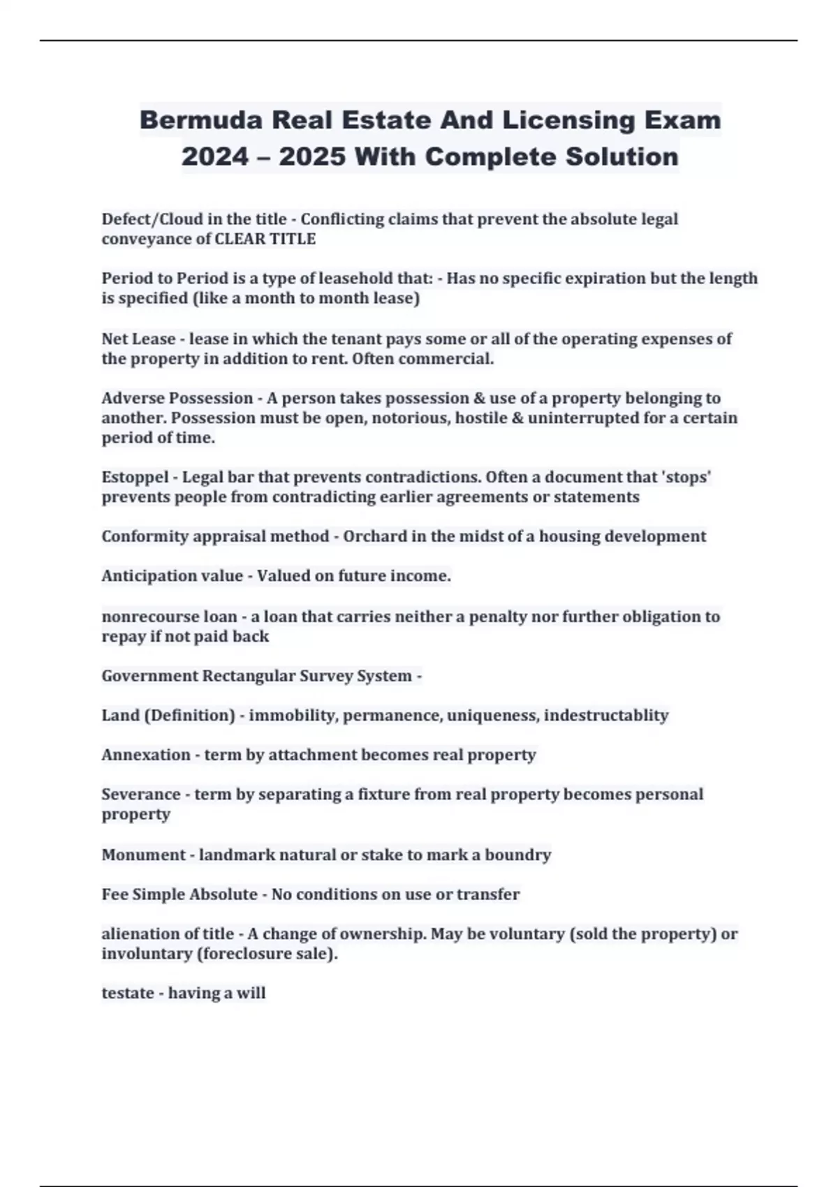 Bermuda Real Estate And Licensing Exam 2024 2025 With Complete Solution BERMUDA REAL ESTATE