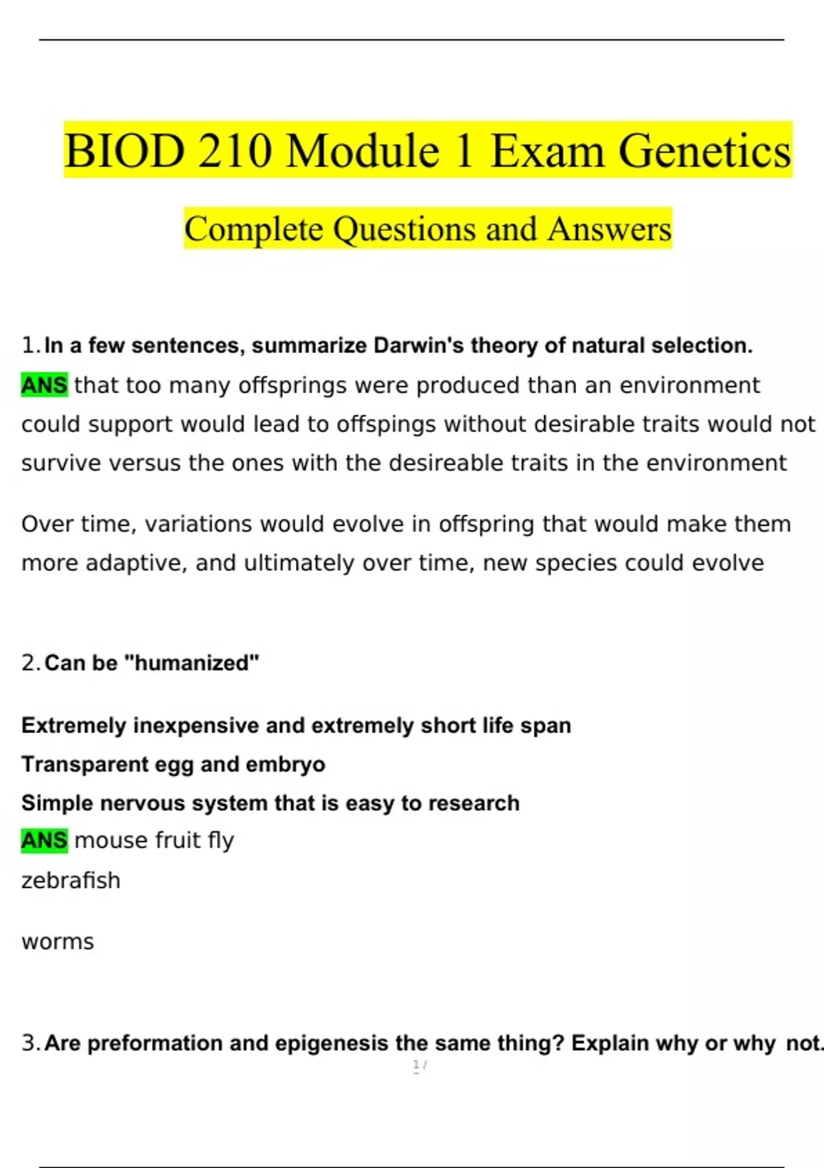 BIOD 210 Module 1 Exam Genetics Questions and Answers (2024 / 2025 ...