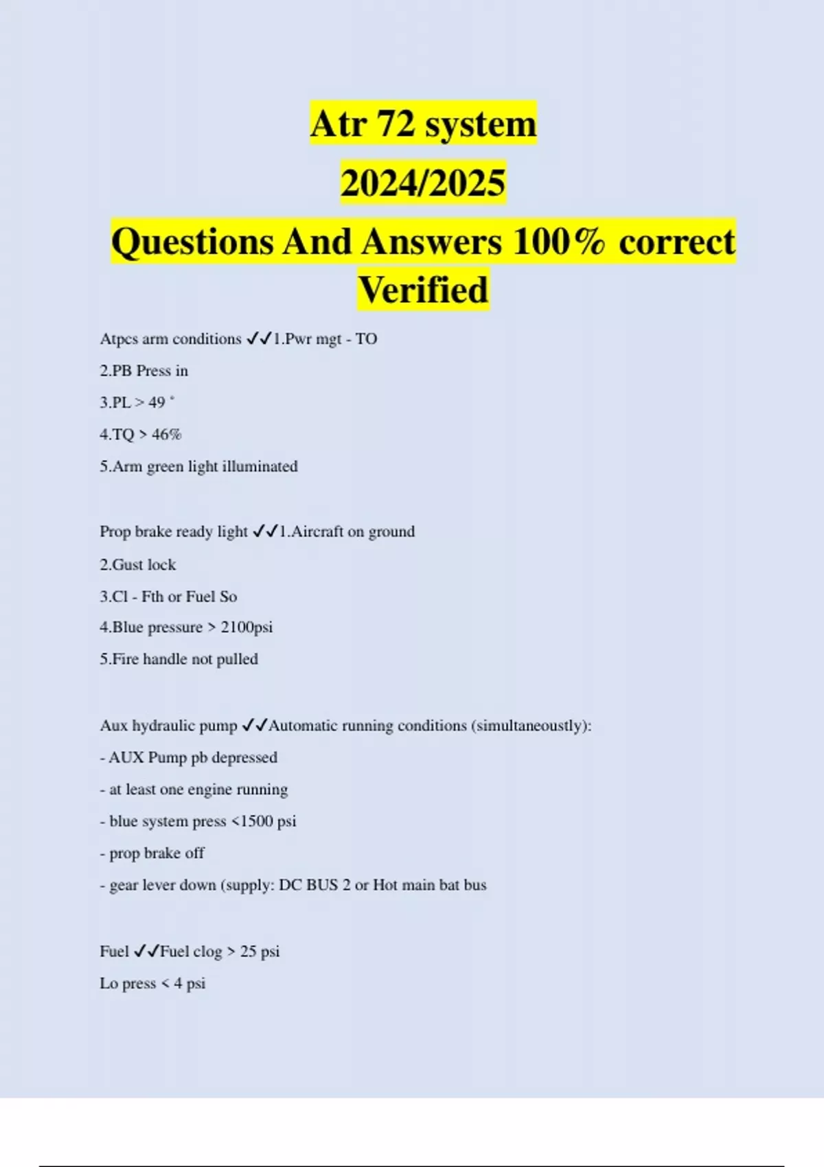 Atr 72 system 2024/2025 Questions And Answers 100% correct Verified ...
