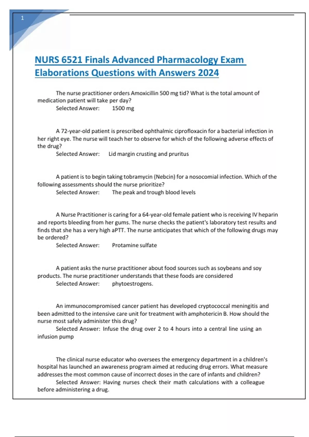 NURS 6521 Finals Advanced Pharmacology Exam Elaborations Questions with ...