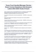Texas Food Handler&sol;Manager Review Exam Correct Questions And Answers  Latest 2023-2024 Grade A Exam