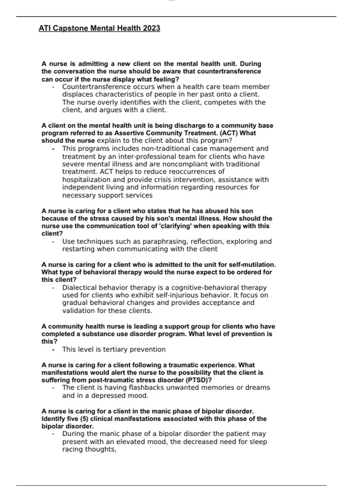 ATI Capstone Mental Health 2023 - Ati mental health - Stuvia US