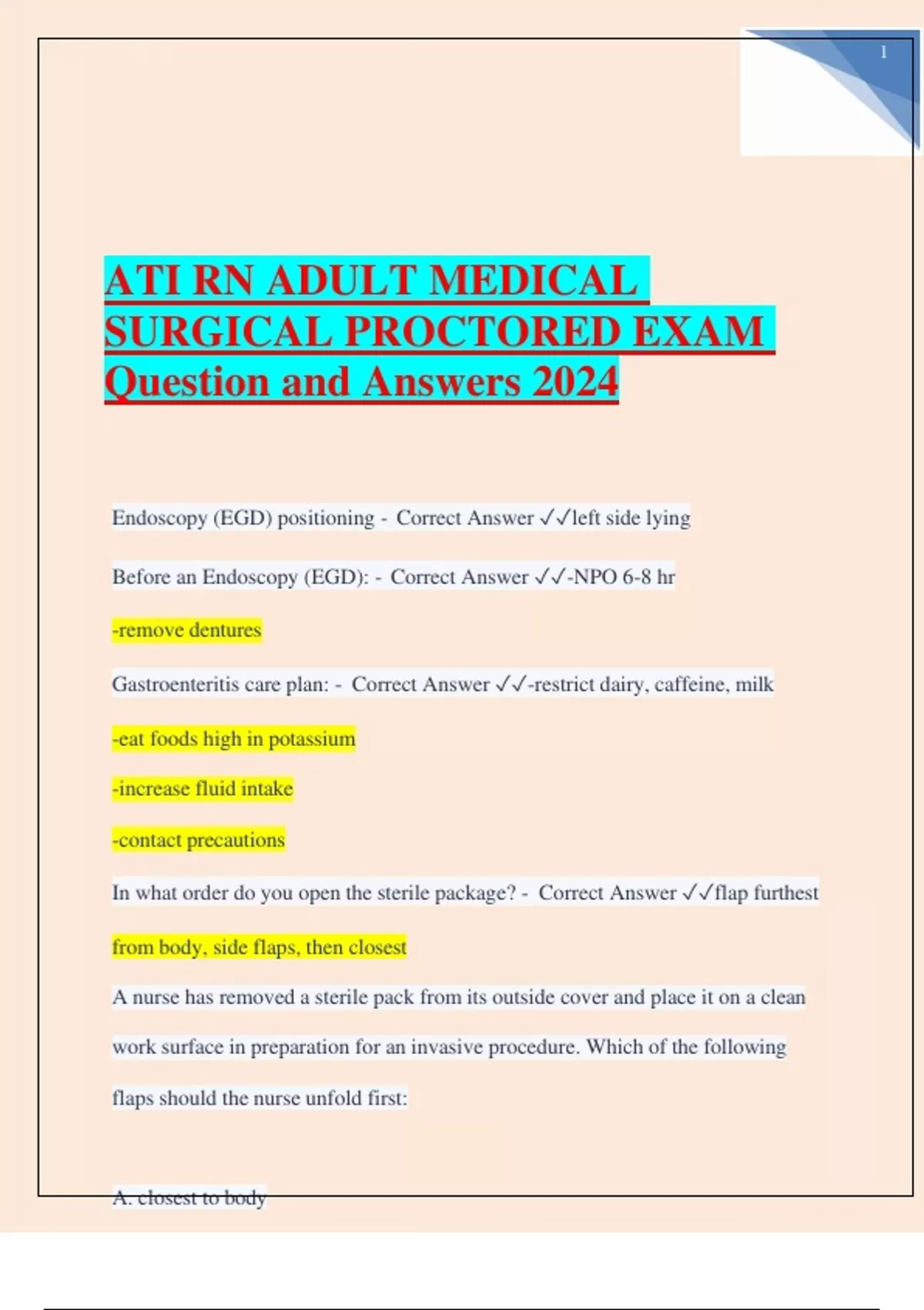 ATI RN ADULT MEDICAL SURGICAL PROCTORED EXAM Question and Answers 2024 ...