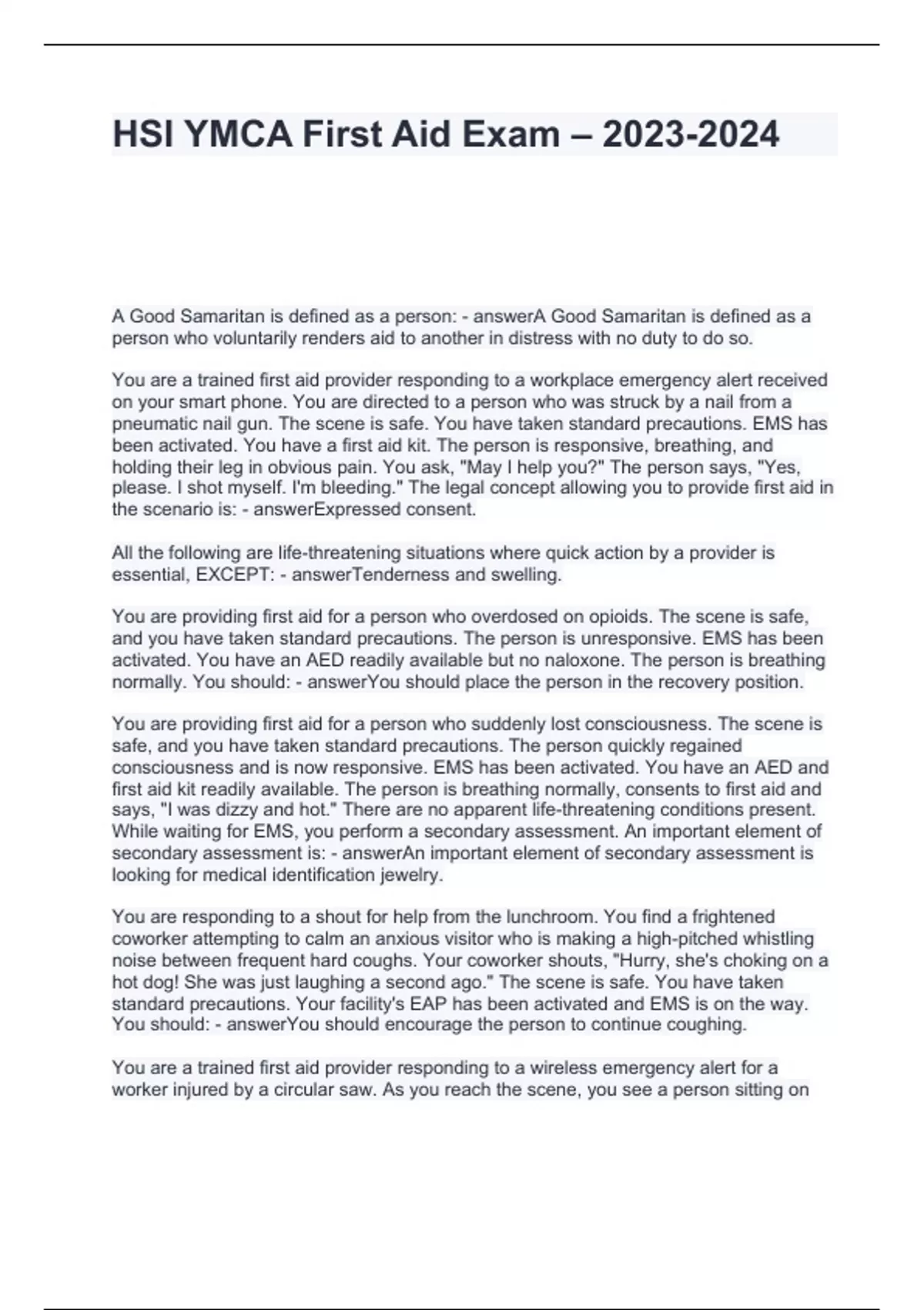 HSI YMCA First Aid Exam Questions with correct Answers HSI Stuvia US