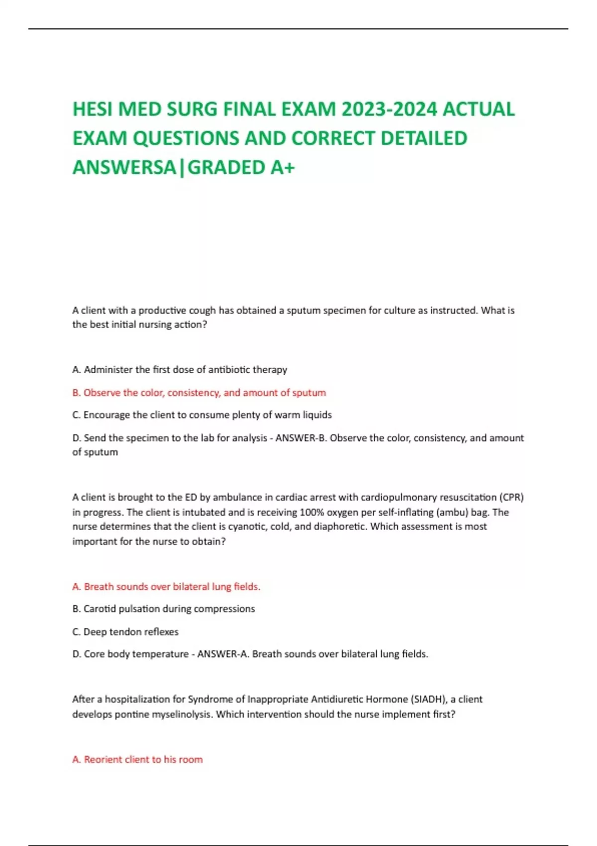 HESI MED SURG FINAL EXAM ACTUAL EXAM QUESTIONS AND CORRECT DETAILED ...