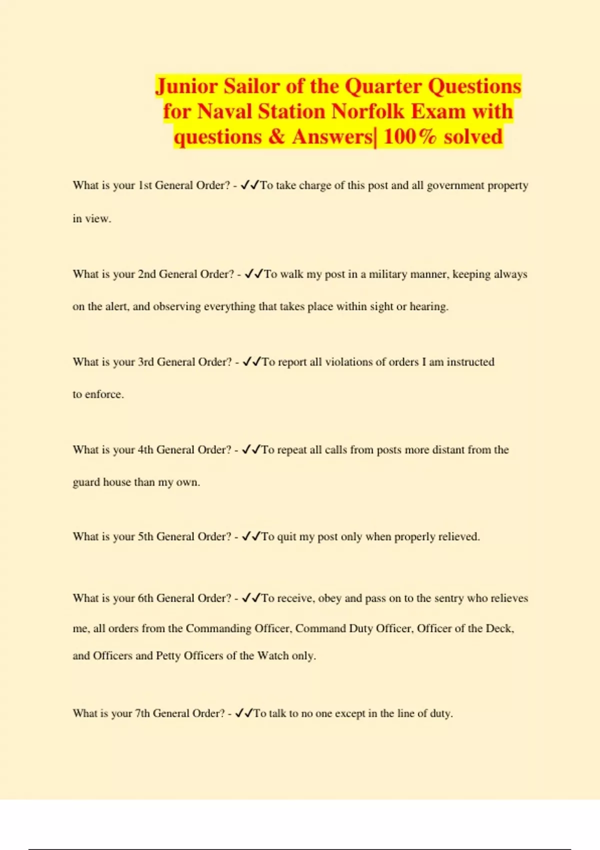 Junior Sailor of the Quarter Questions for Naval Station Norfolk Exam