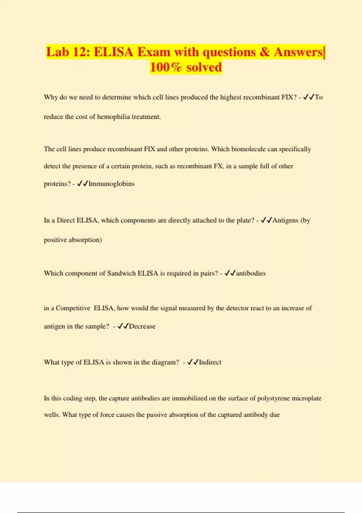 Lab 12: ELISA Exam with questions & Answers| 100% solved - ELISA ...