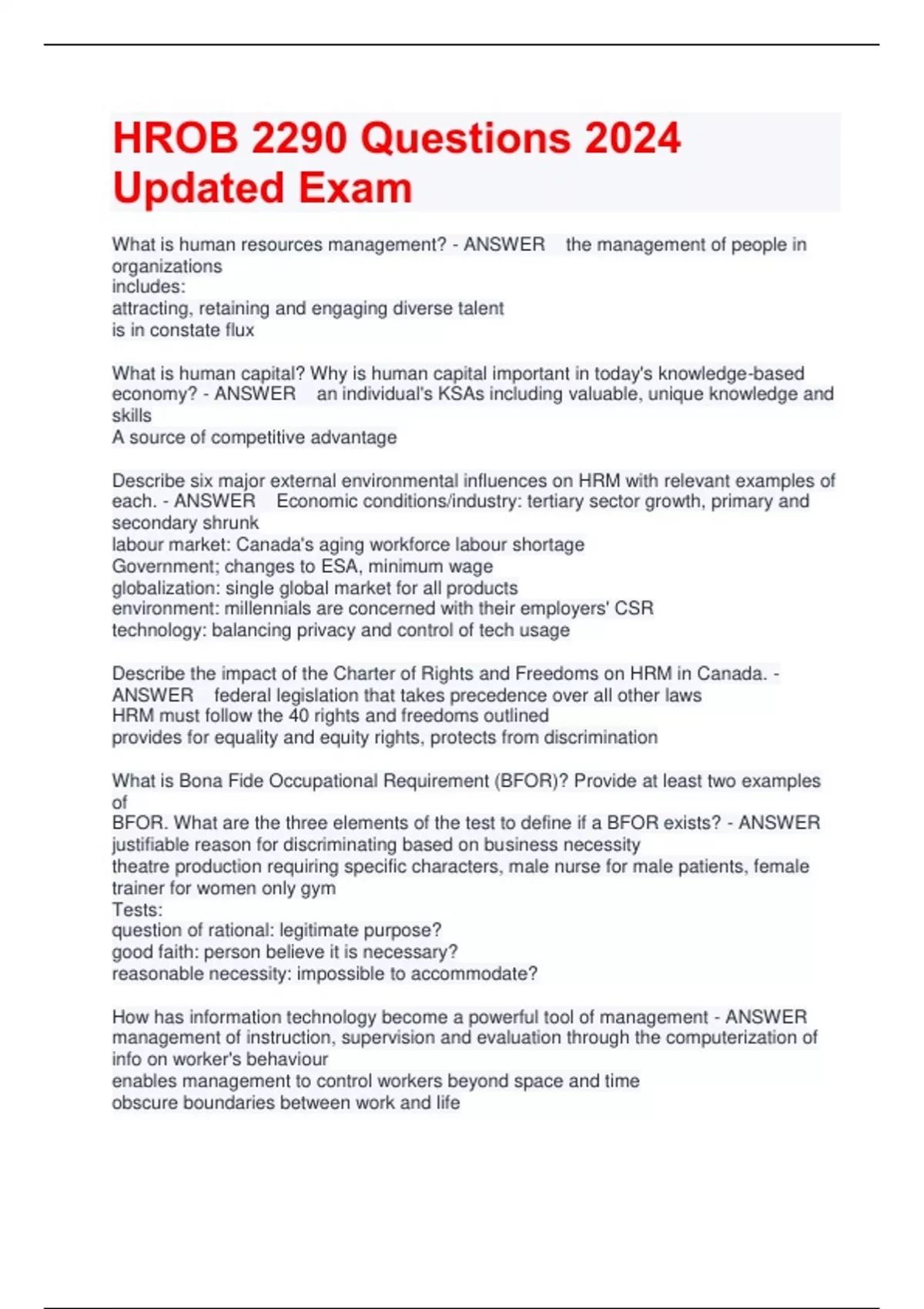 HROB 2290 Questions 2024 Updated Exam - HROB 2290 - Stuvia US