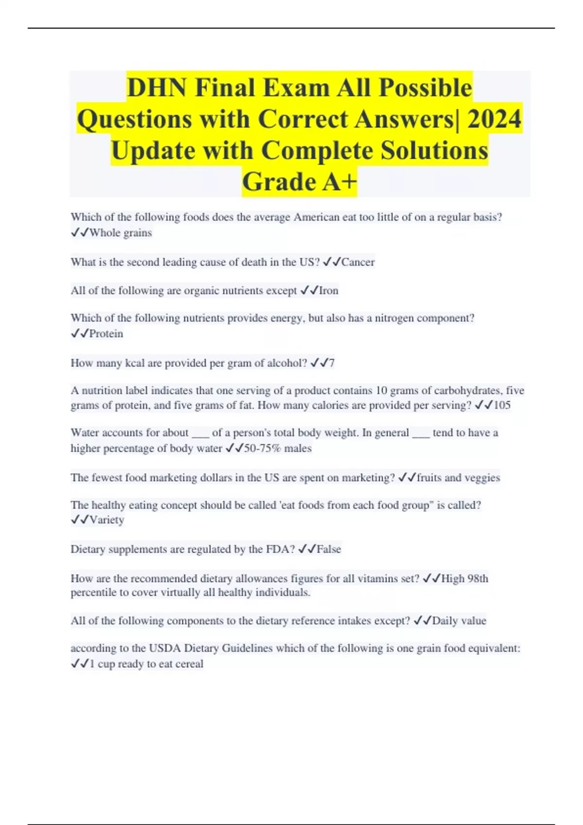 DHN Final Exam All Possible Questions with Correct Answers| 2024 Update ...