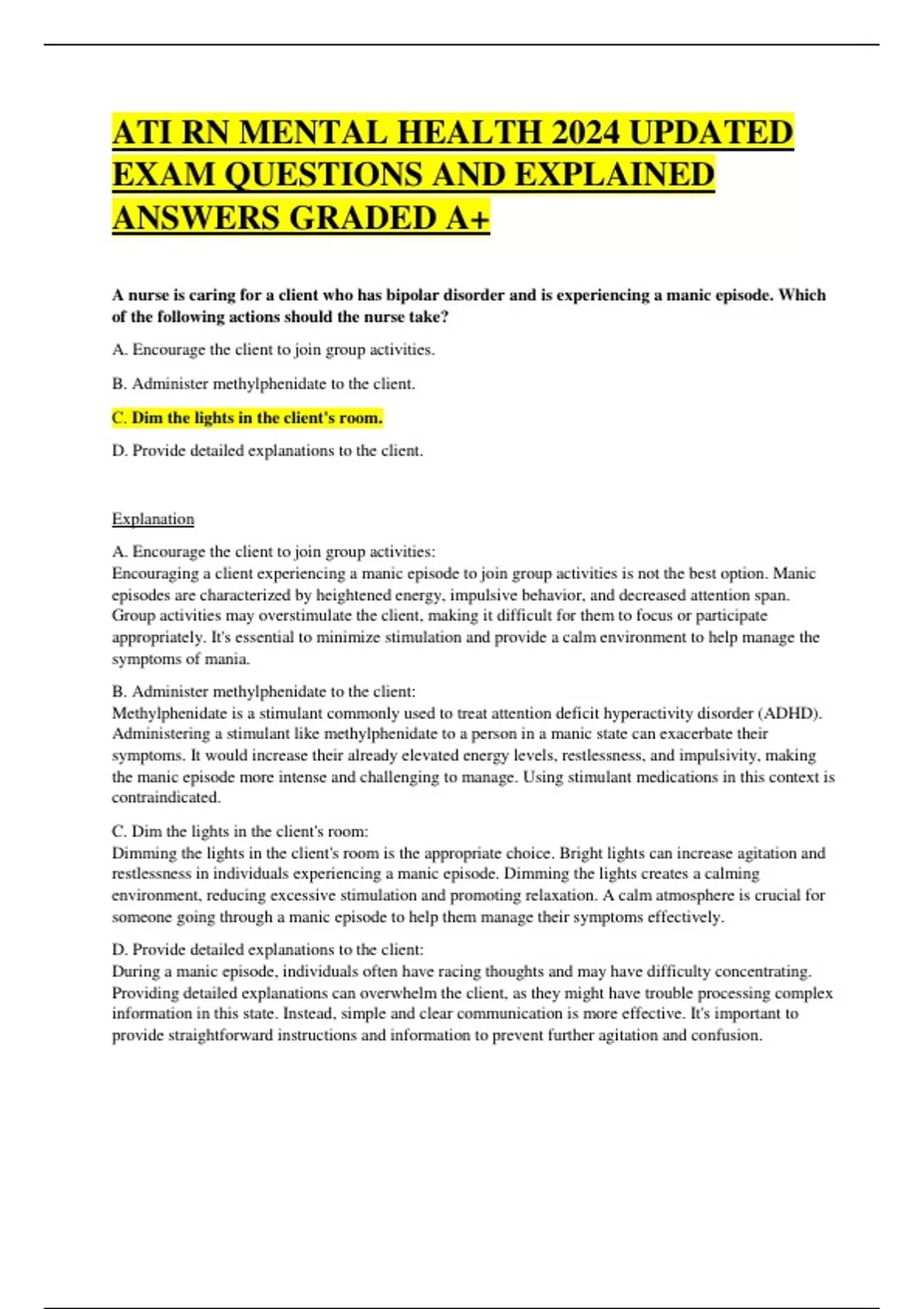 ATI RN MENTAL HEALTH 2024 UPDATED EXAM QUESTIONS AND EXPLAINED ANSWERS ...