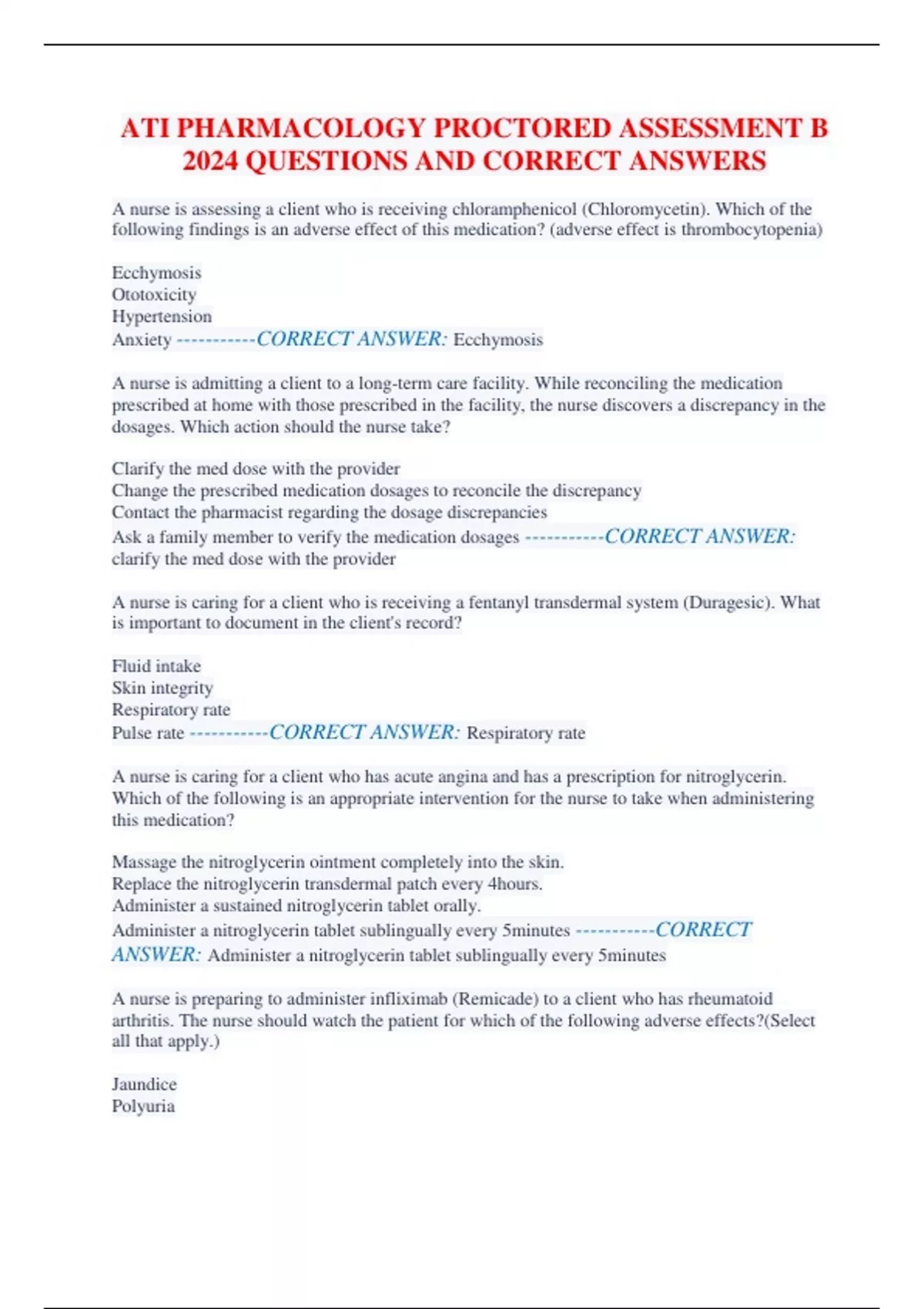 ATI PHARMACOLOGY PROCTORED ASSESSMENT B 2024 QUESTIONS AND CORRECT ...